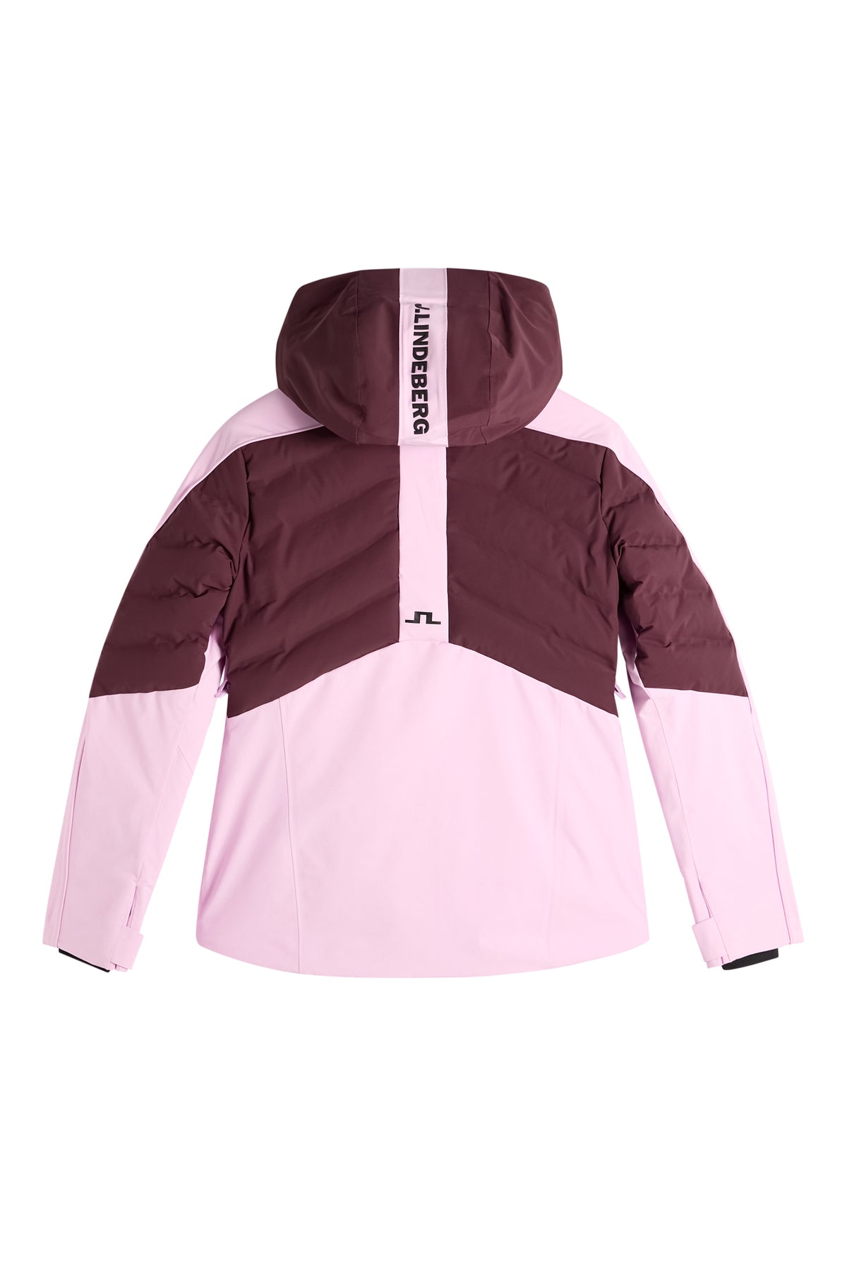 Set bagfra: Helia Jacket i Winetasting med tofarvet quiltet design, hætte med J.LINDEBERG-print og Bridge-logo på ryggen.