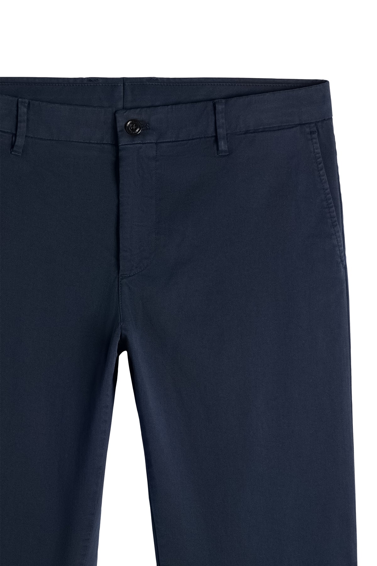 Vue détaillée : Chaze Cotton Stretch Pants GD en JL Navy avec braguette boutonnée, passants et poche latérale.