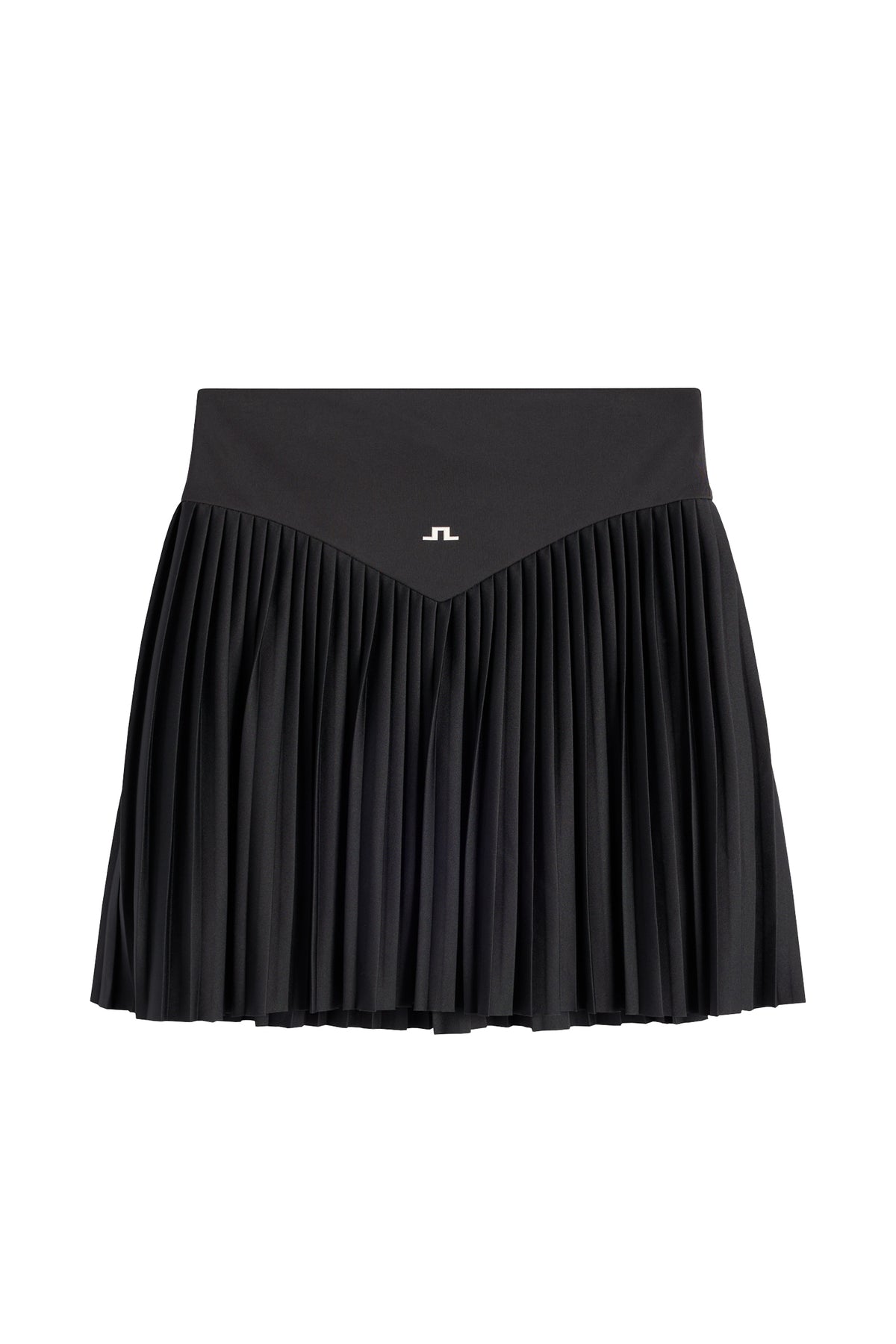 Achteraanzicht: Zwarte Alexandra Skirt met plooien en een wit Bridge-logo op de tailleband.