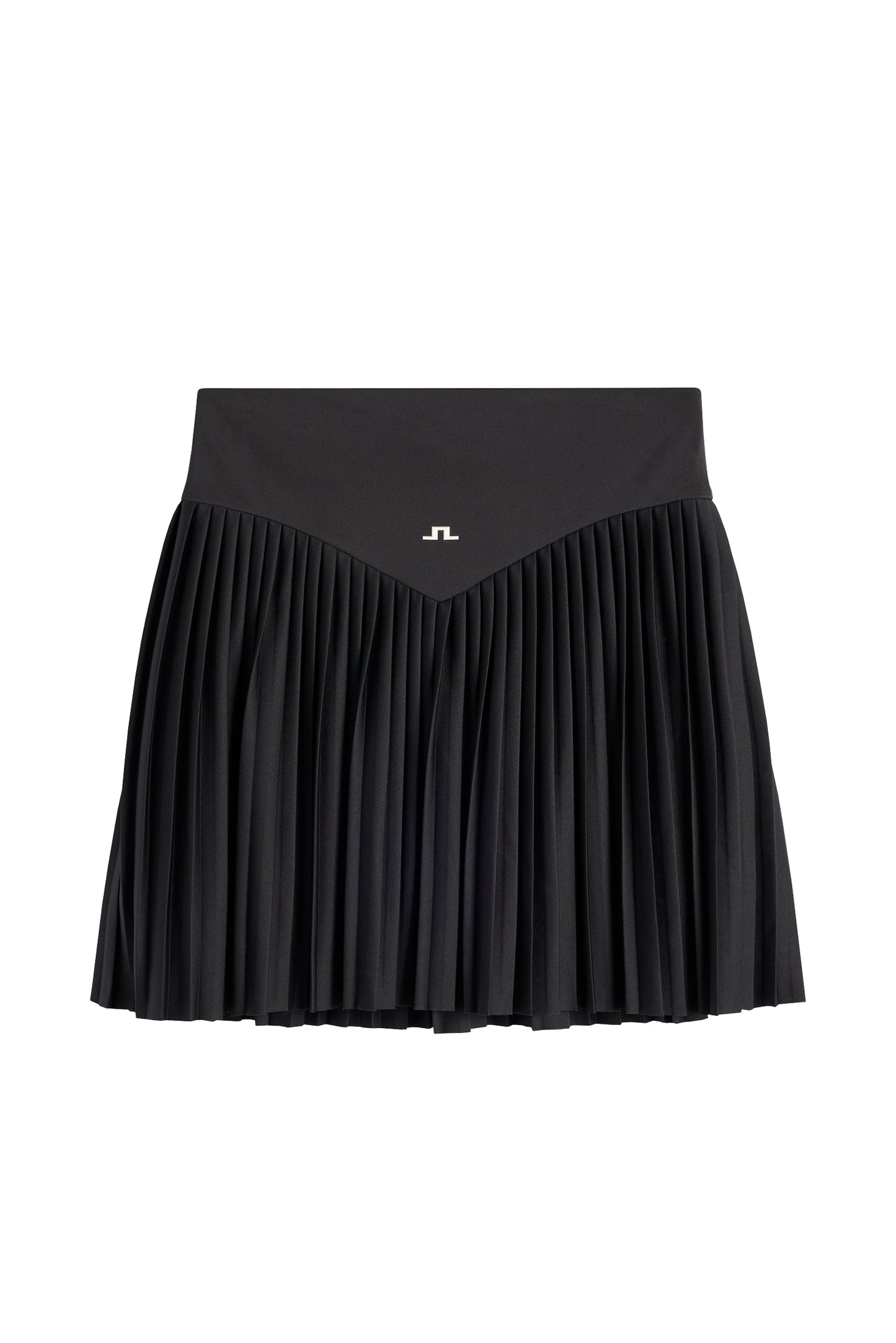 Achteraanzicht: Zwarte Alexandra Skirt met plooien en een wit Bridge-logo op de tailleband.