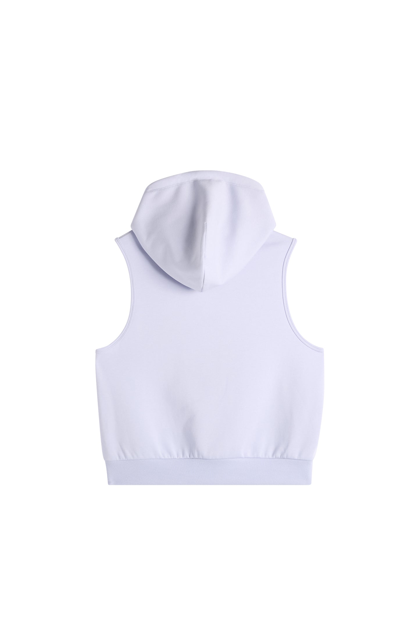 Rückansicht: Sarah Sleeveless Hood in Purple Heather mit Kapuze, ärmellosem Schnitt und geripptem Saum.