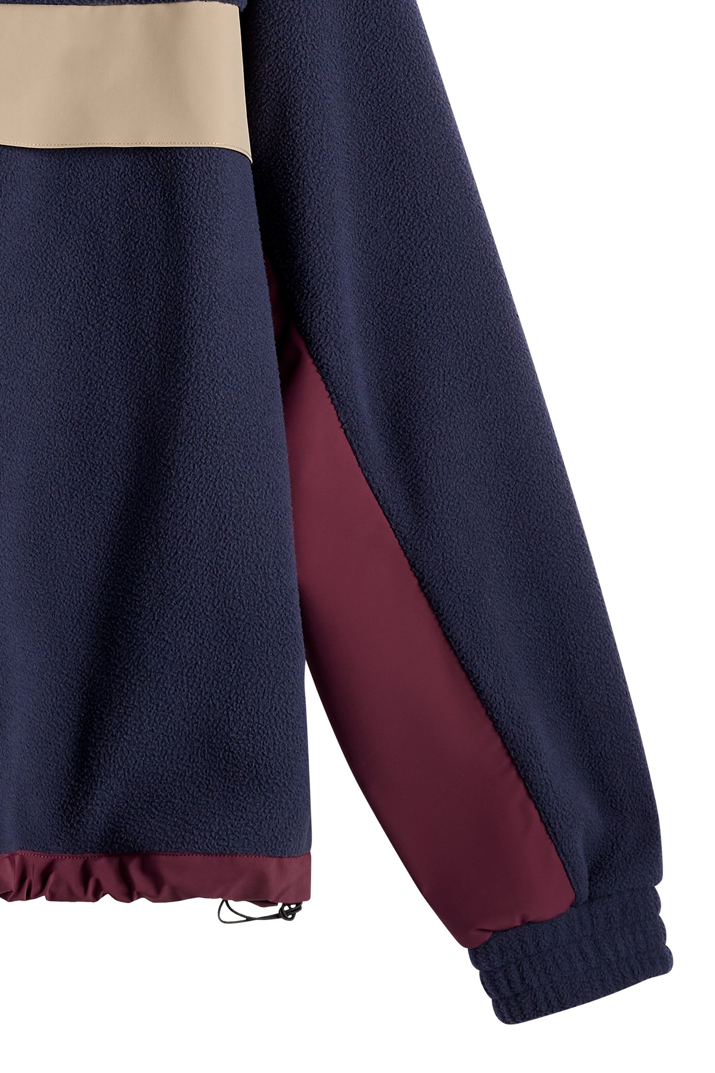 Nærbillede: Quinn Hybrid Sweatshirt i JL Navy med fleece-tekstur, kontrastpaneler og justerbar snørekant.