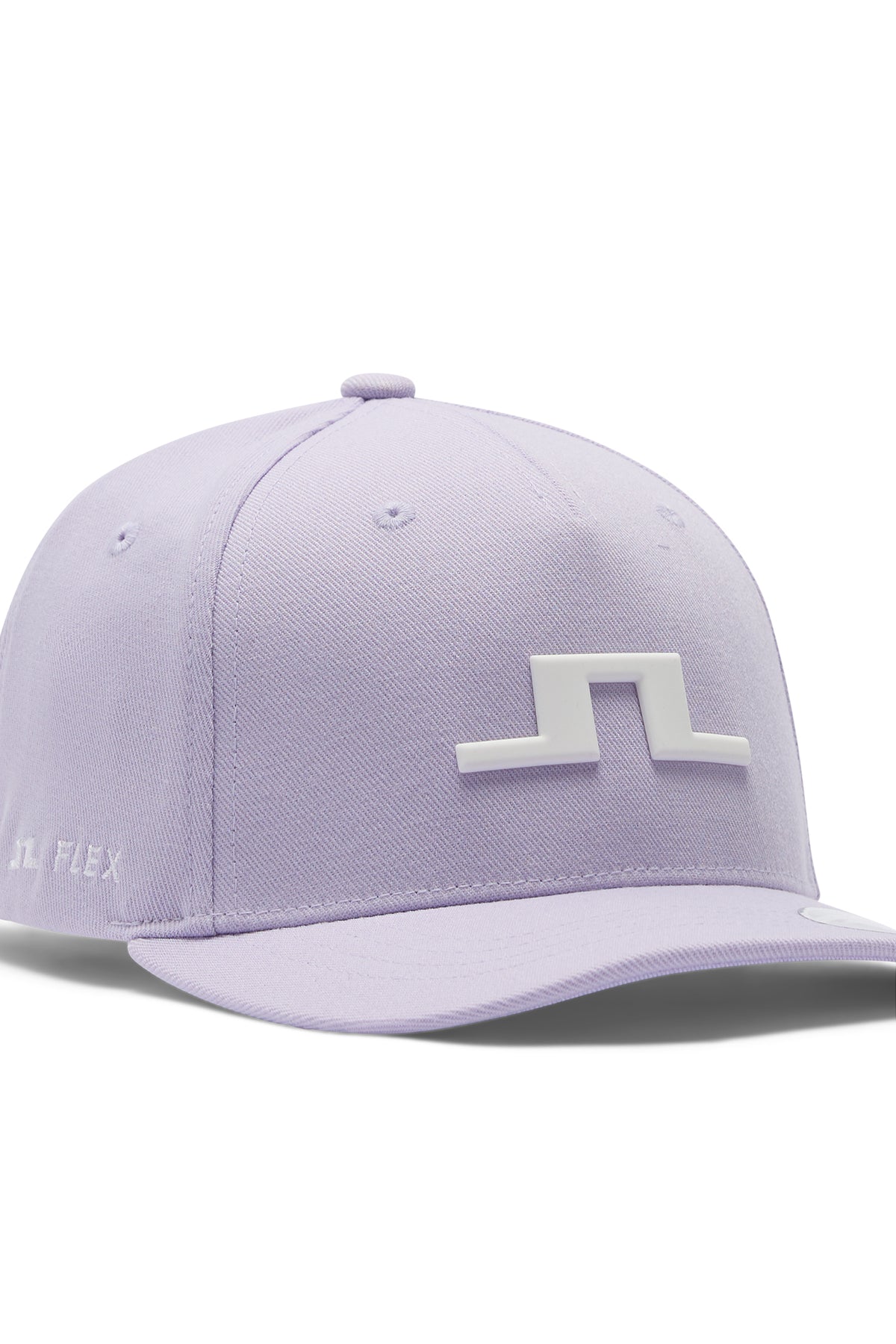 Close-up: Heath Cap in Purple Heather met wit 3D Bridge-logo op de voorkant en JL FLEX-borduursel.