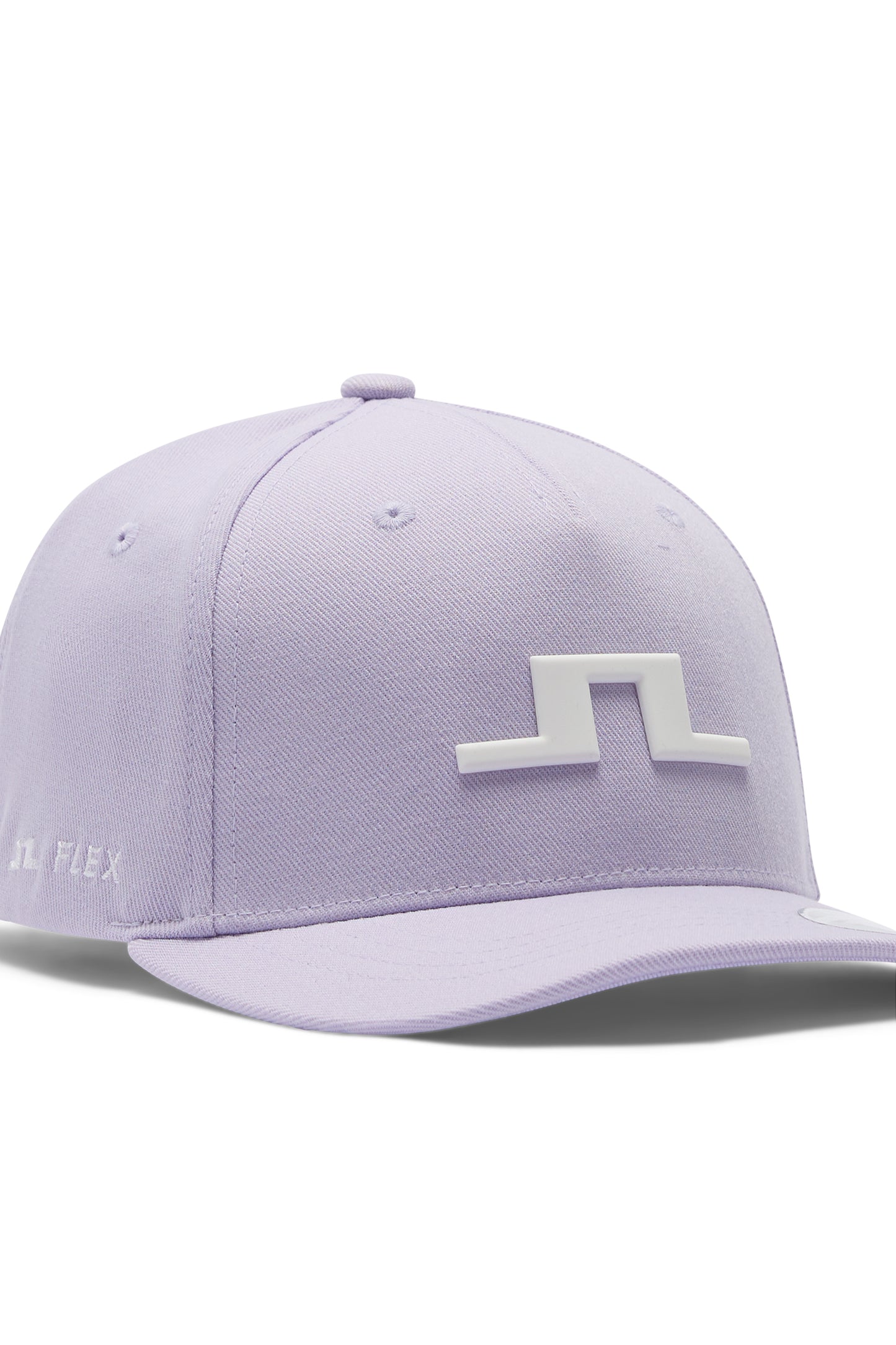 Close-up: Heath Cap in Purple Heather met wit 3D Bridge-logo op de voorkant en JL FLEX-borduursel.
