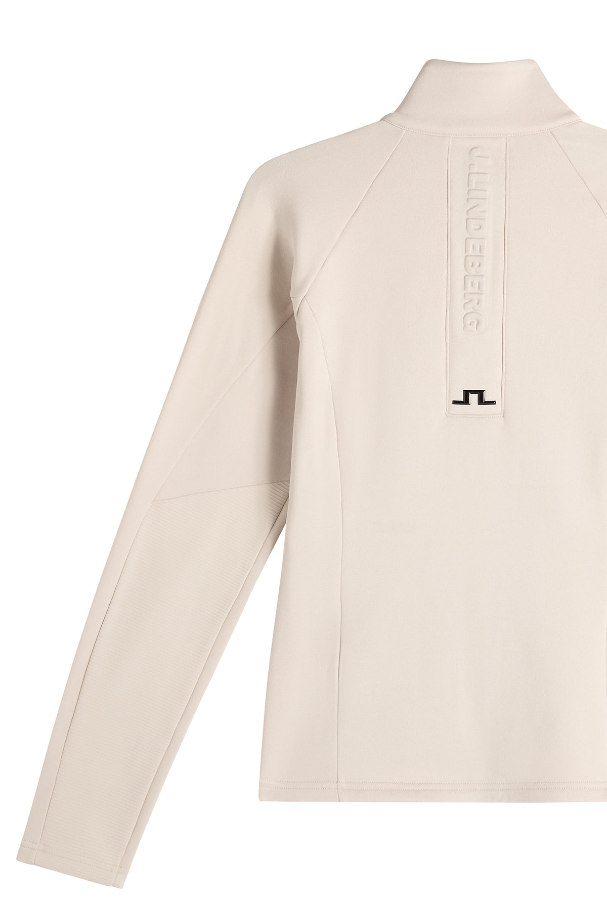 Back detail of the Portia Polartec Mid Layer in Moonbeam, showing embossed branding and the Bridge logo.
