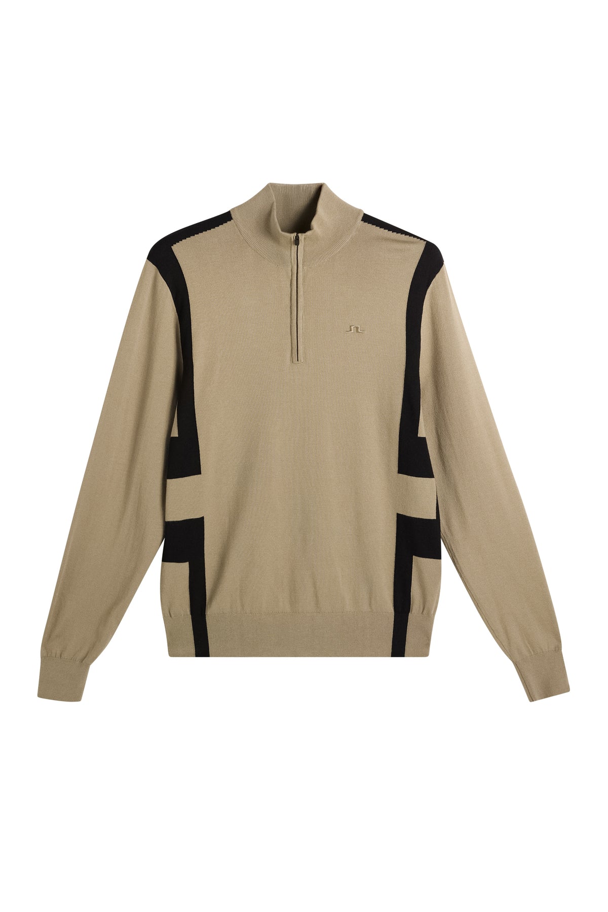Vorderansicht: Beiger Kendrick Knitted Zip Sweater mit schwarzen Seiteneinsätzen, Half-Zip-Kragen und gesticktem Bridge-Logo.