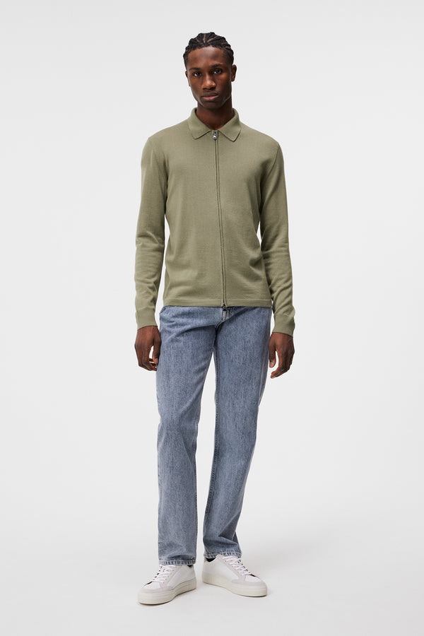 Nyle Light Merino Zip Cardigan / Oil Green
