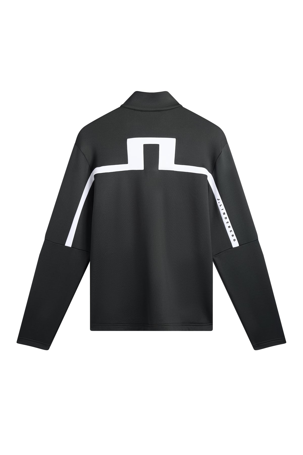 Vue de dos : Sharpe Full Zip Mid Layer noir avec grand logo Bridge blanc dans le dos et sur les manches.