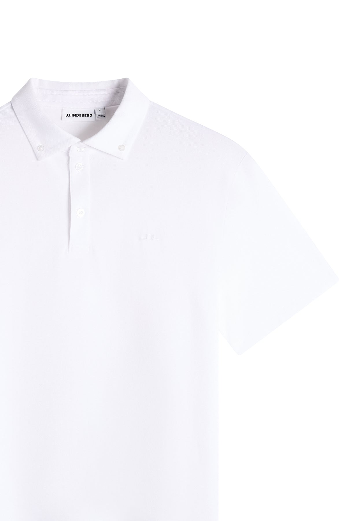 Close-up: Verse Button Down Polo in wit met button-downkraag, knoopsluiting en Bridge-logo op de borst.