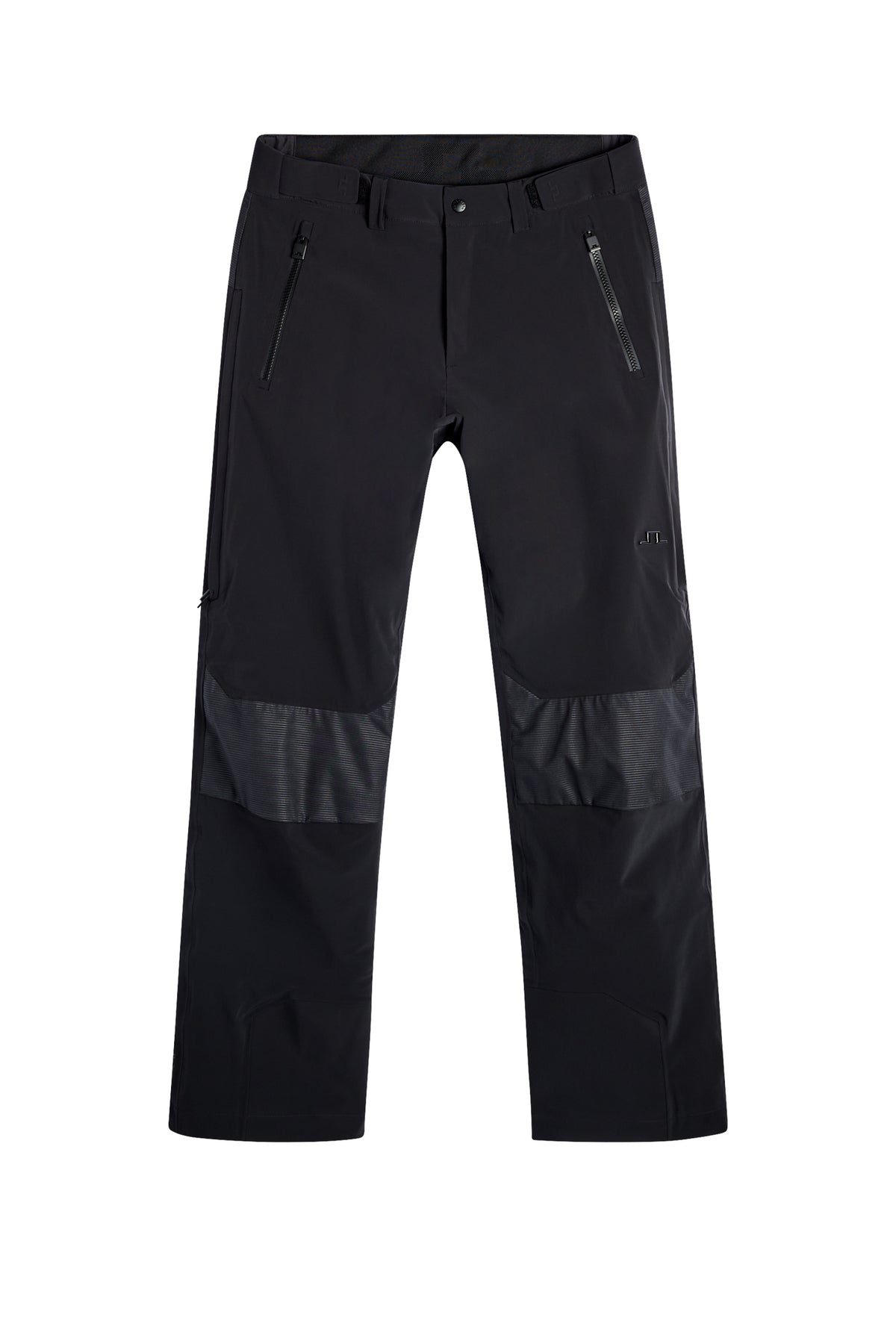 Whitman Pant in black, front view featuring zippered pockets and the Bridge logo on the leg.