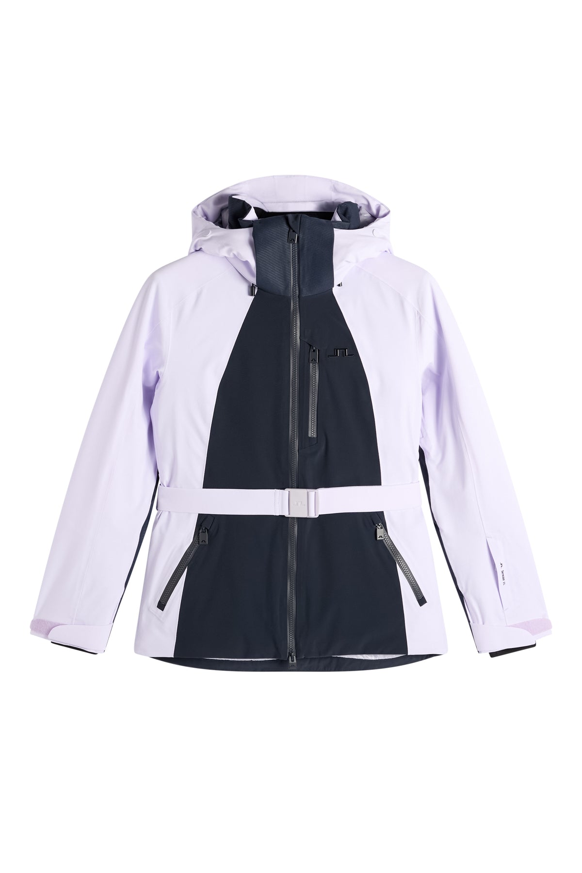 Vorderansicht: Soleil Down Jacket in Purple Heather mit Taillengürtel, Kapuze und Reißverschlusstaschen.