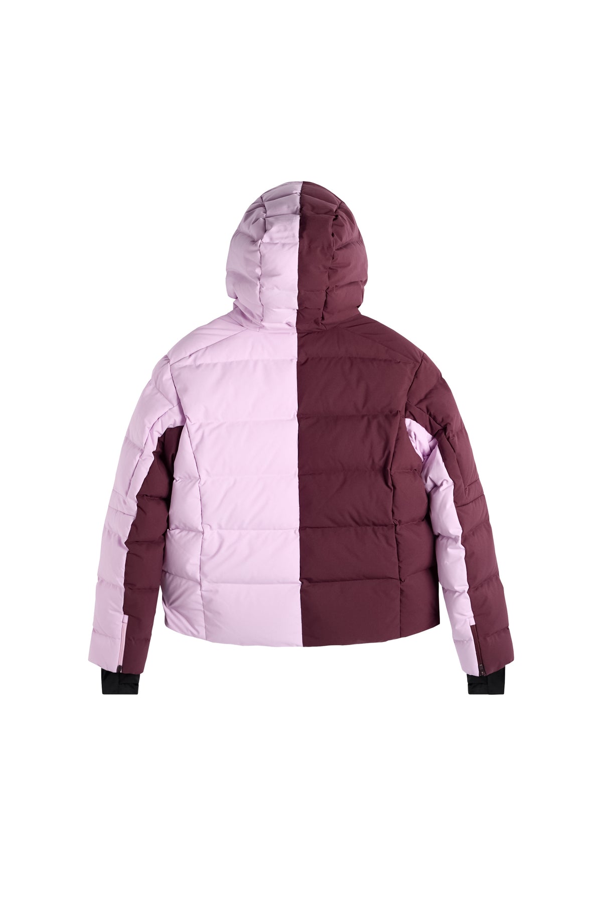 Rückansicht: Nerina Blocked Down Jacket in Winetasting mit zweifarbigem Color-Block-Design, Quersteppung und Kapuze.