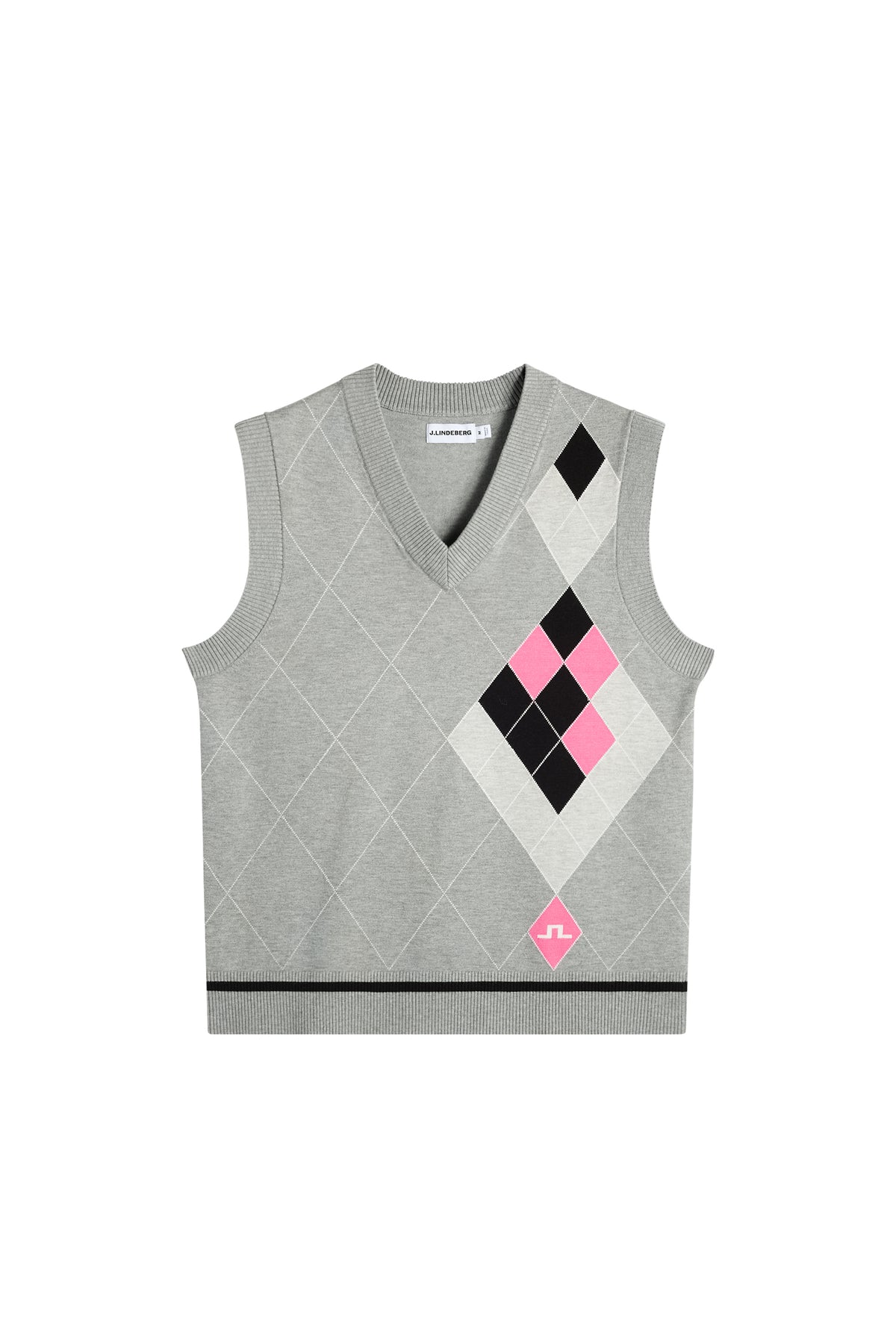 Vue de face : Anton Argyle Knit Vest gris à col V avec motif à losanges rose et noir et logo Bridge.