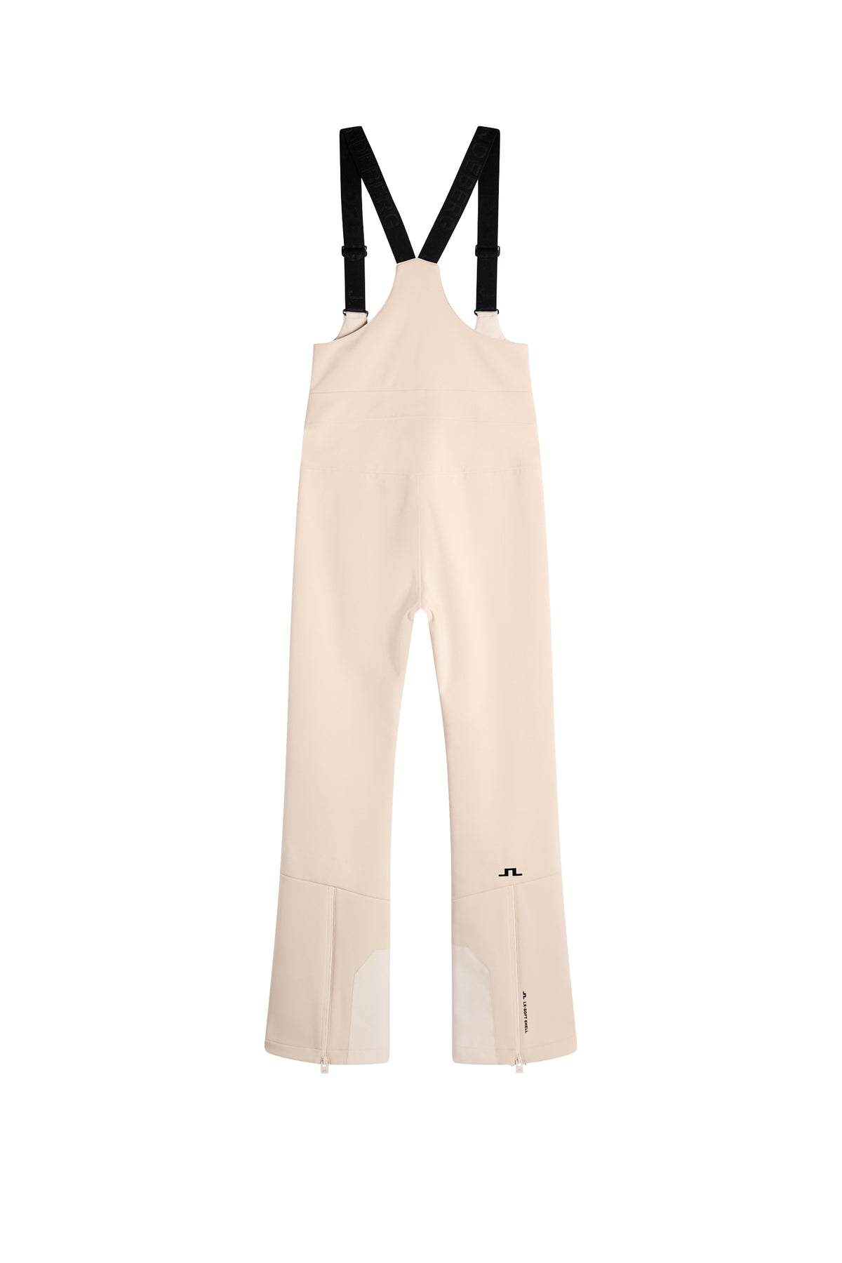 Achteraanzicht: Aviana Softshell Bib Pant in Moonbeam met zwarte bretels en Bridge-logo op het onderbeen.
