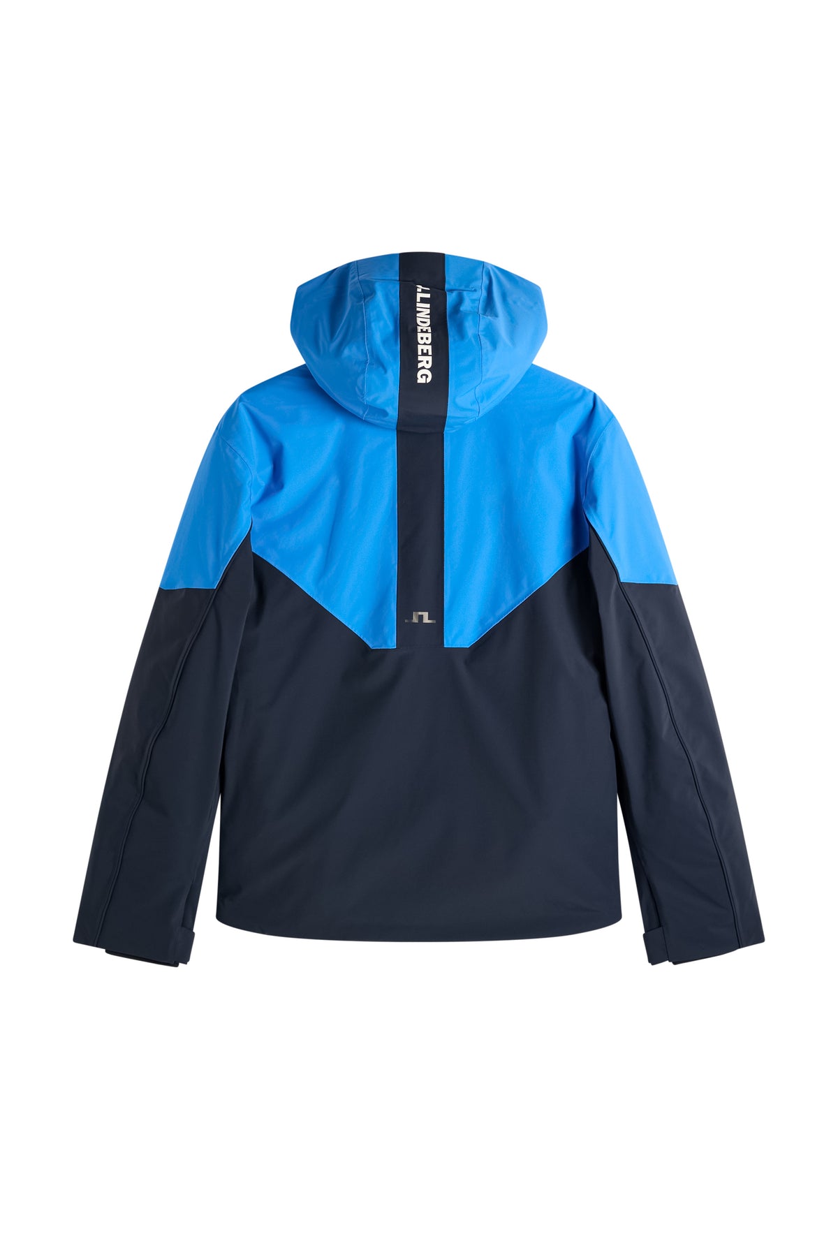 Rückansicht: Caldwell Jacket in Sonic Blue im Colorblock-Design mit Kapuze und J.LINDEBERG-Schriftzug.