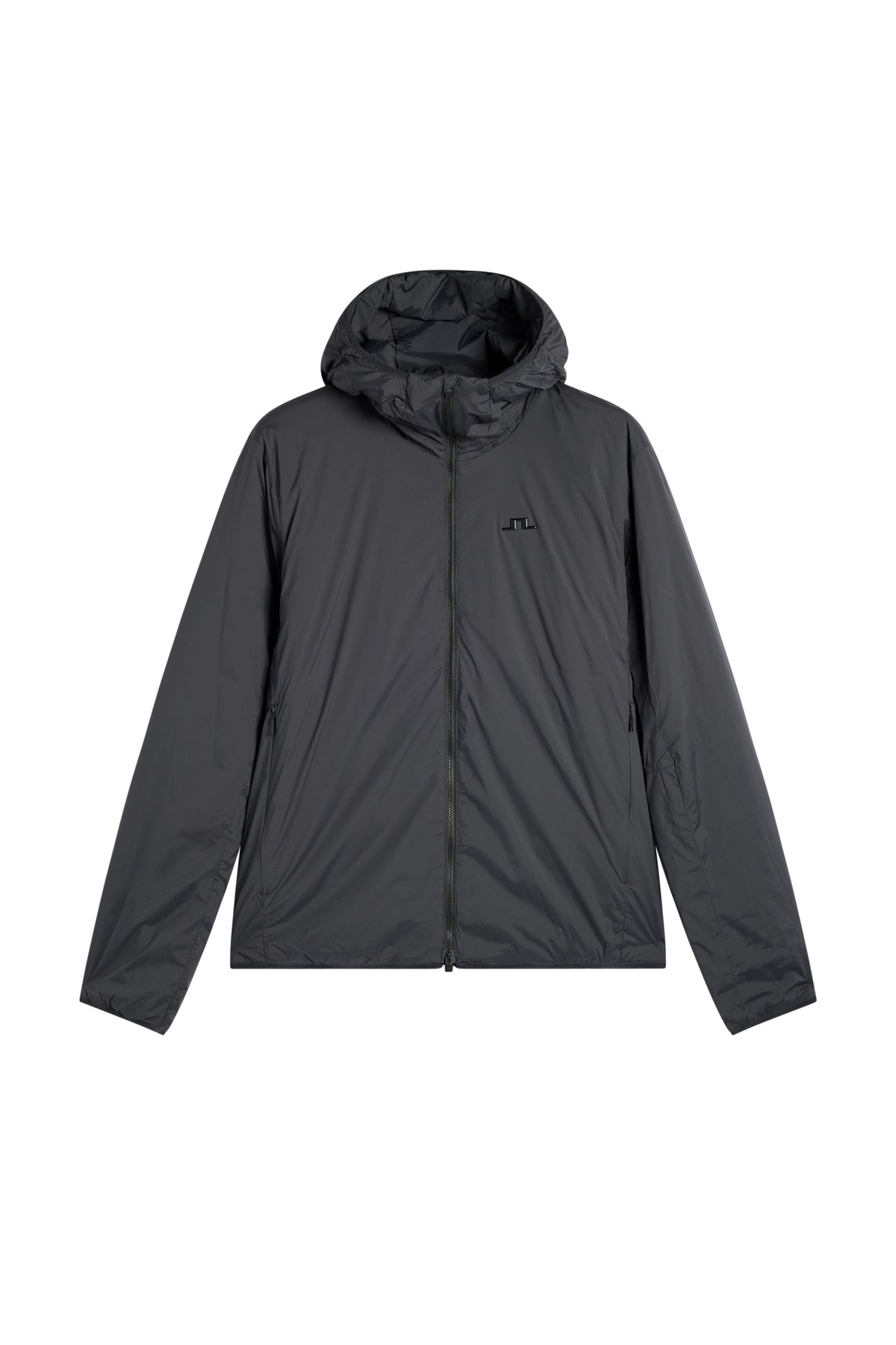 Clinton Hood jacket in black, front view with hood, full-zip closure, and chest Bridge logo.