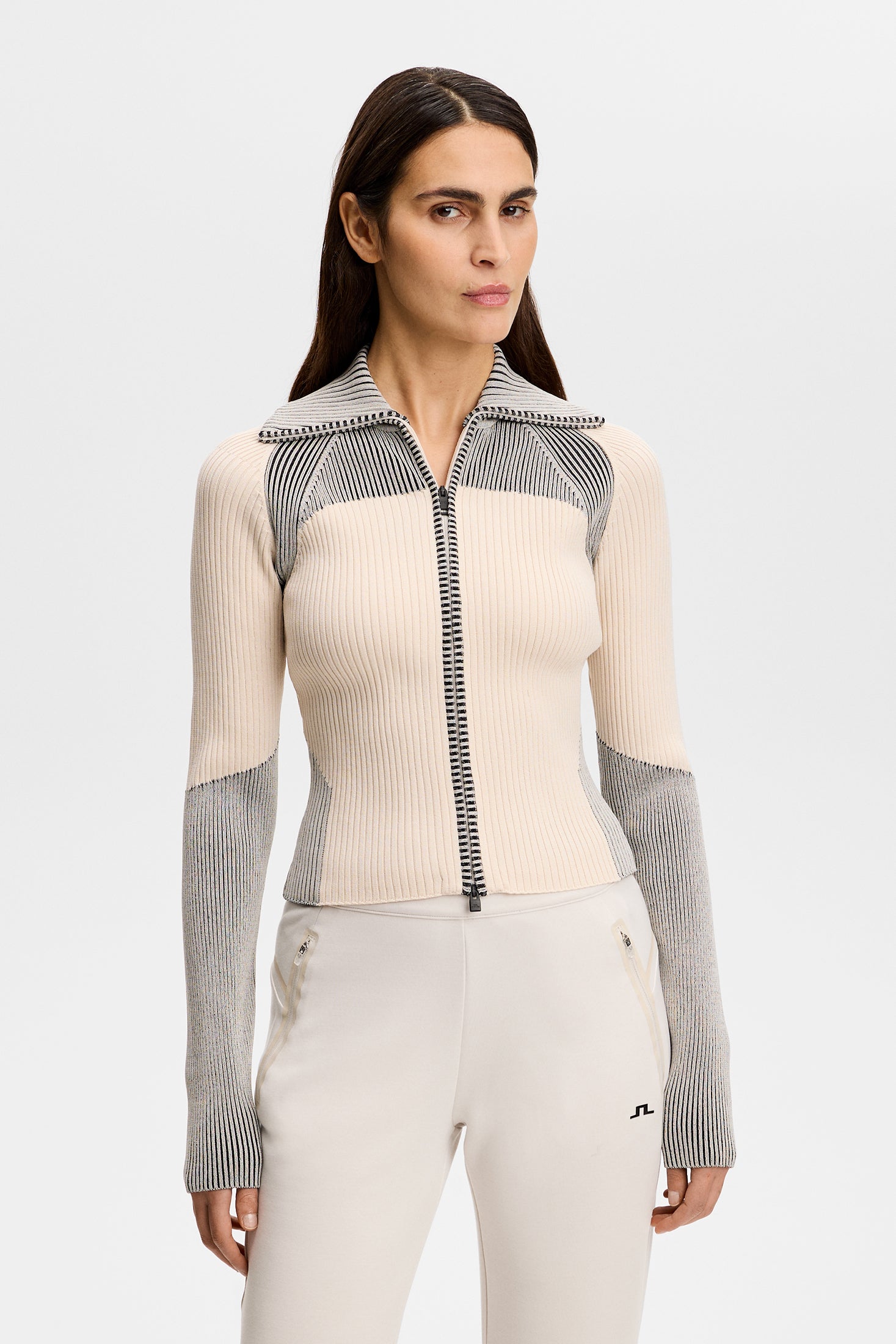 Terri Contrast Rib Zip Sweater / Moonbeam | J.Lindeberg Official