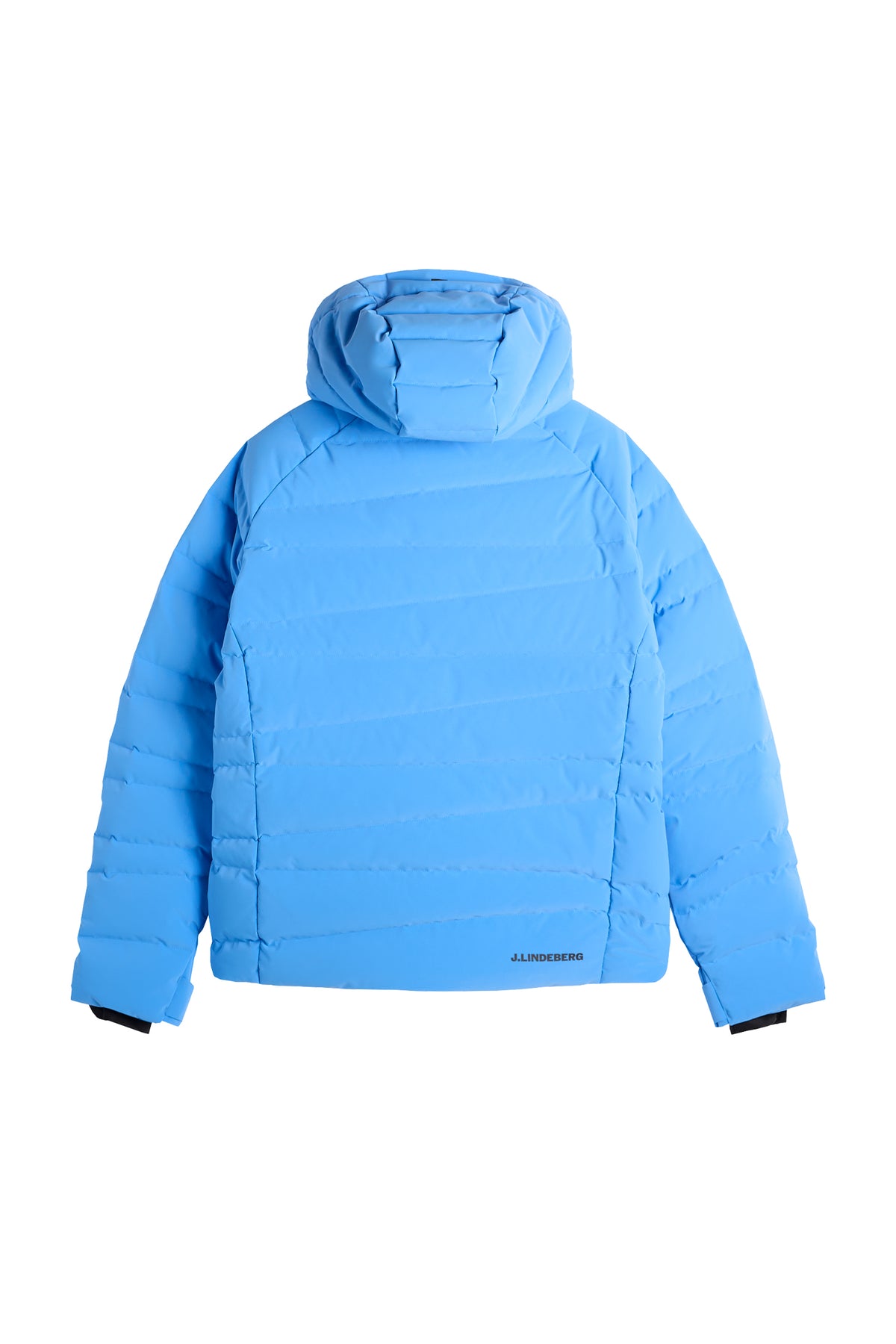 Back view: Thornton Down Jacket in Sonic Blue with horizontal quilting, hood, and logo print.