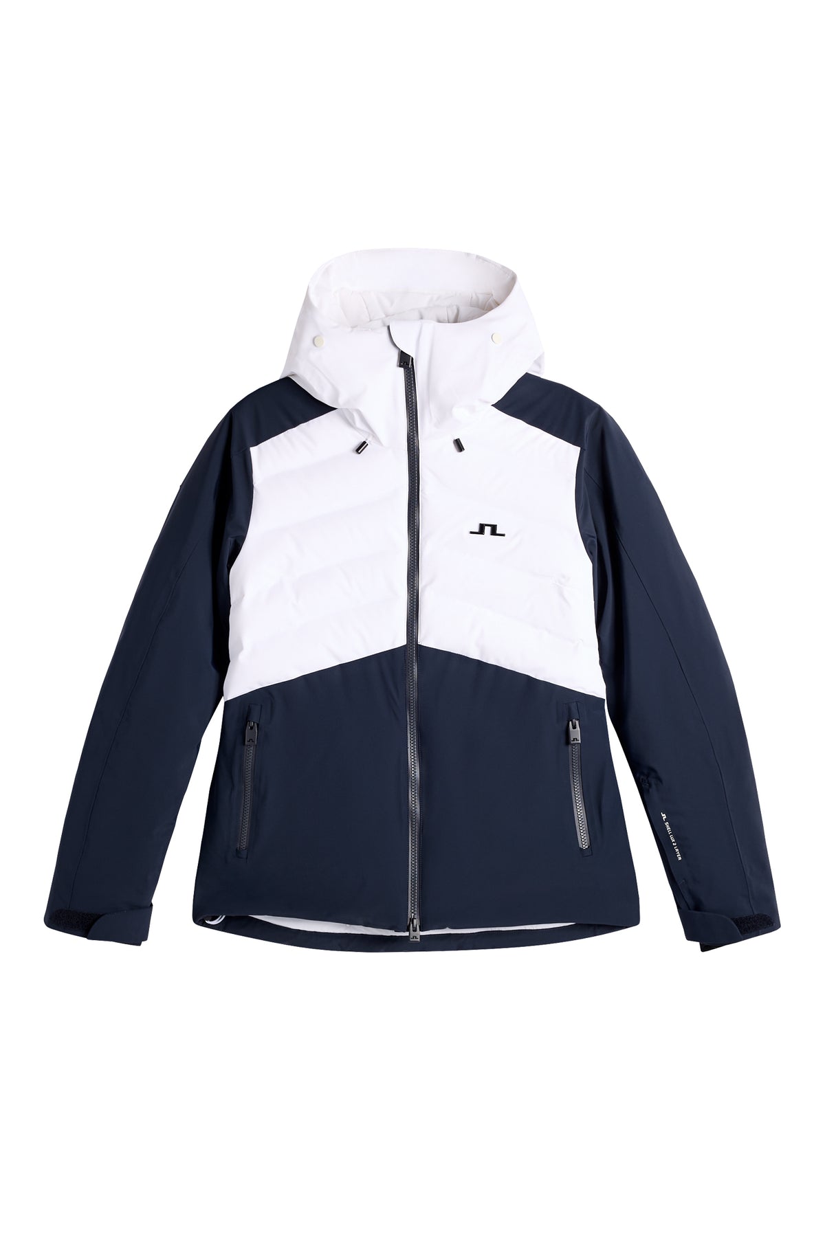 Vorderansicht: Helia Jacket in Weiß und Navy mit gesteppter Front, Kapuze, Reißverschlusstaschen und Bridge-Logo.