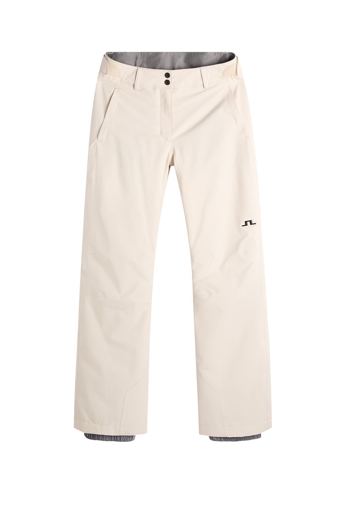 Vorderansicht: Moeva Pant in Moonbeam mit verstellbarem Bund, Eingrifftaschen und Bridge-Logo am Bein.