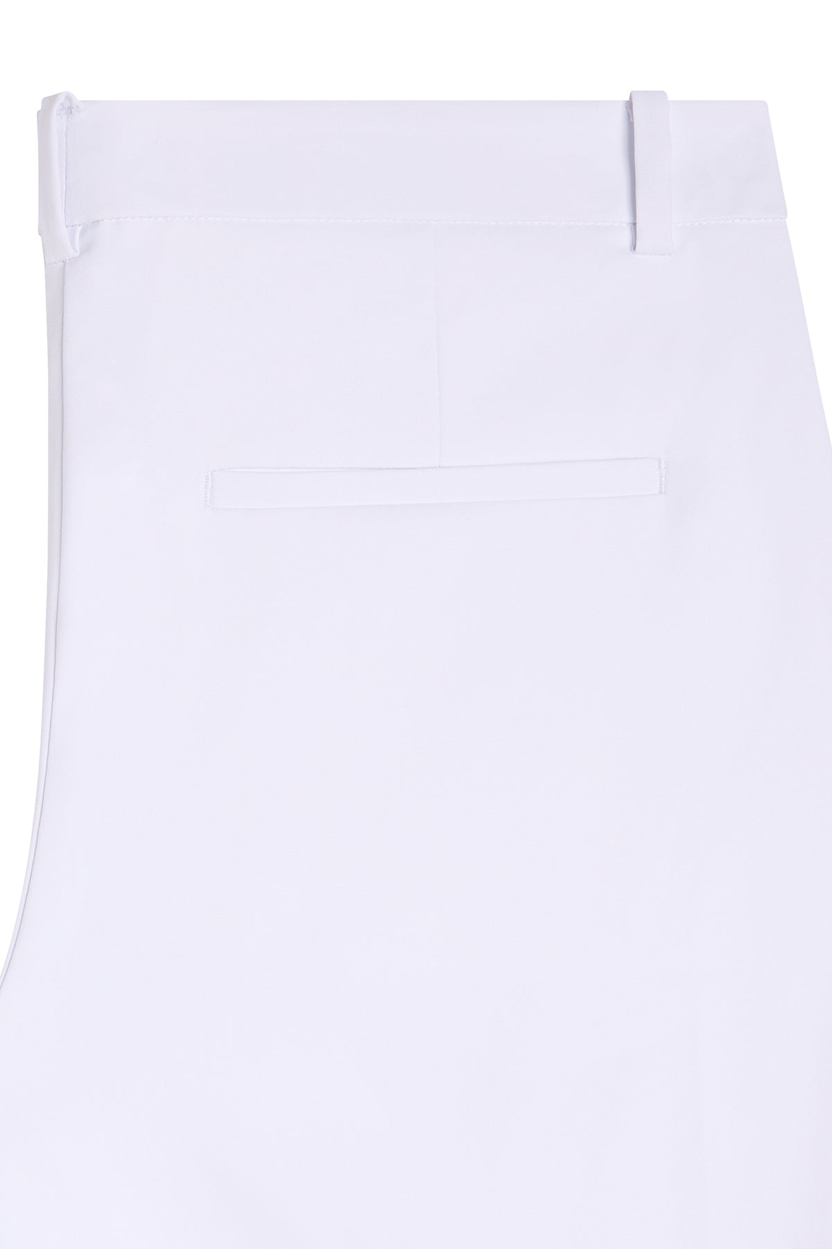 Close-up of the waistband, belt loops, and back welt pocket on the white Pia Pant.