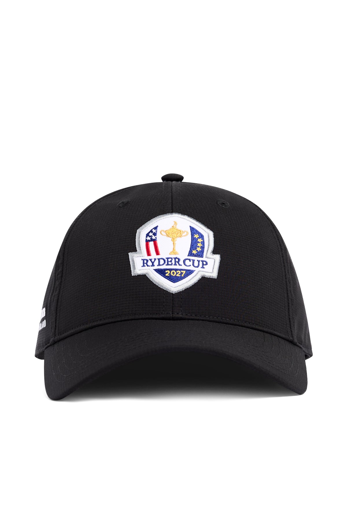 Abe Cap in black, front view featuring the embroidered 2027 Ryder Cup logo and curved visor.