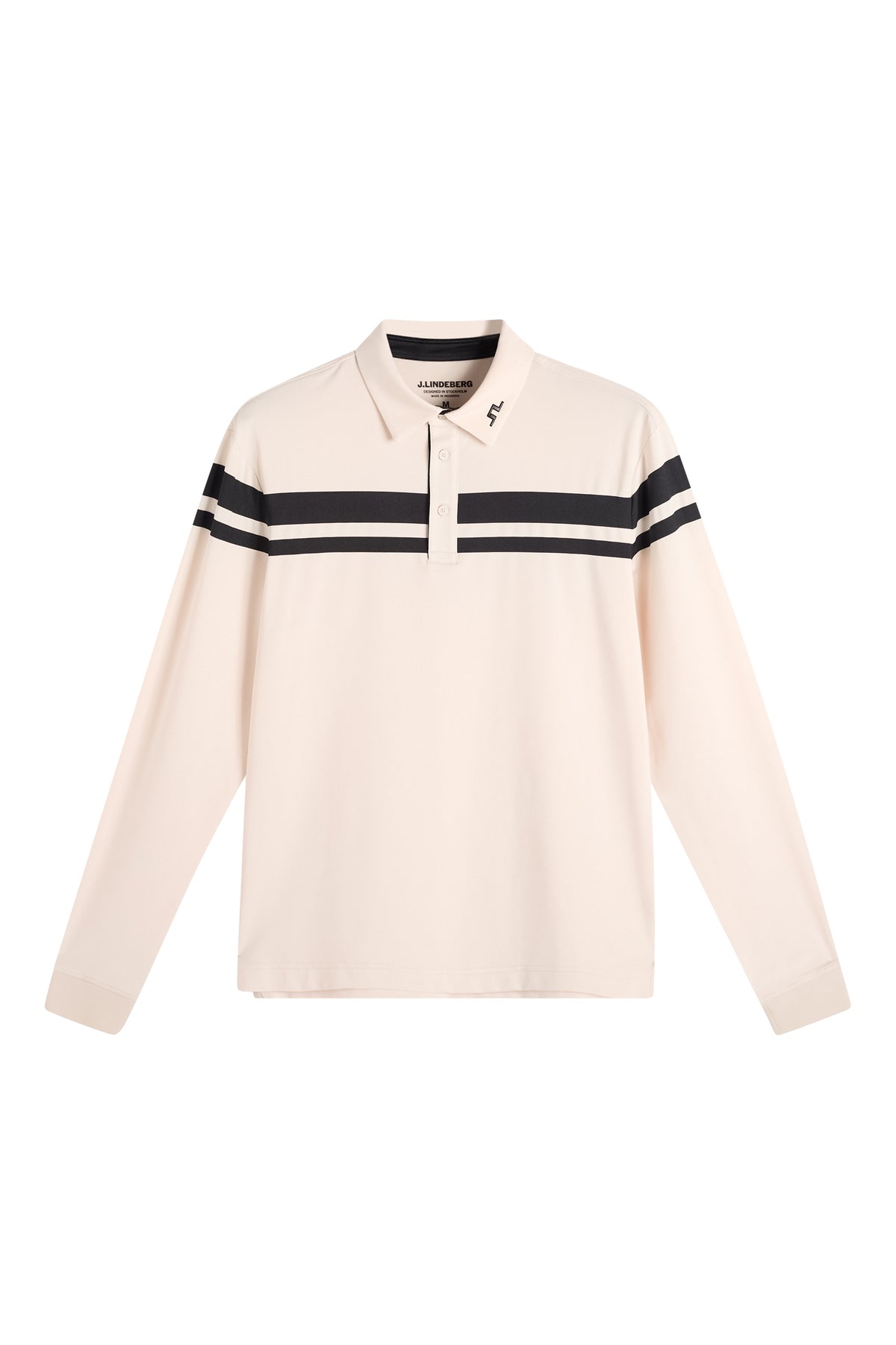 Front view: Cream Kenny LS stripe polo with long sleeves, black horizontal stripes, and a Bridge logo on the collar.