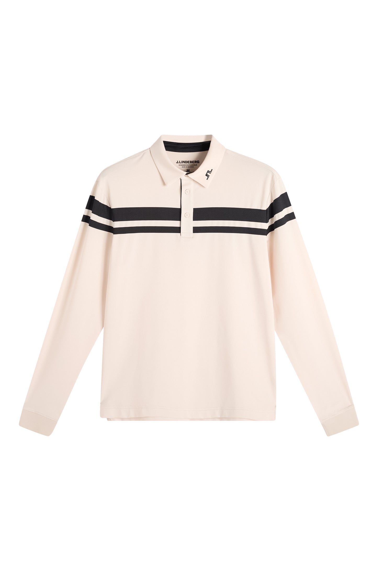 Front view: Cream Kenny LS stripe polo with long sleeves, black horizontal stripes, and a Bridge logo on the collar.