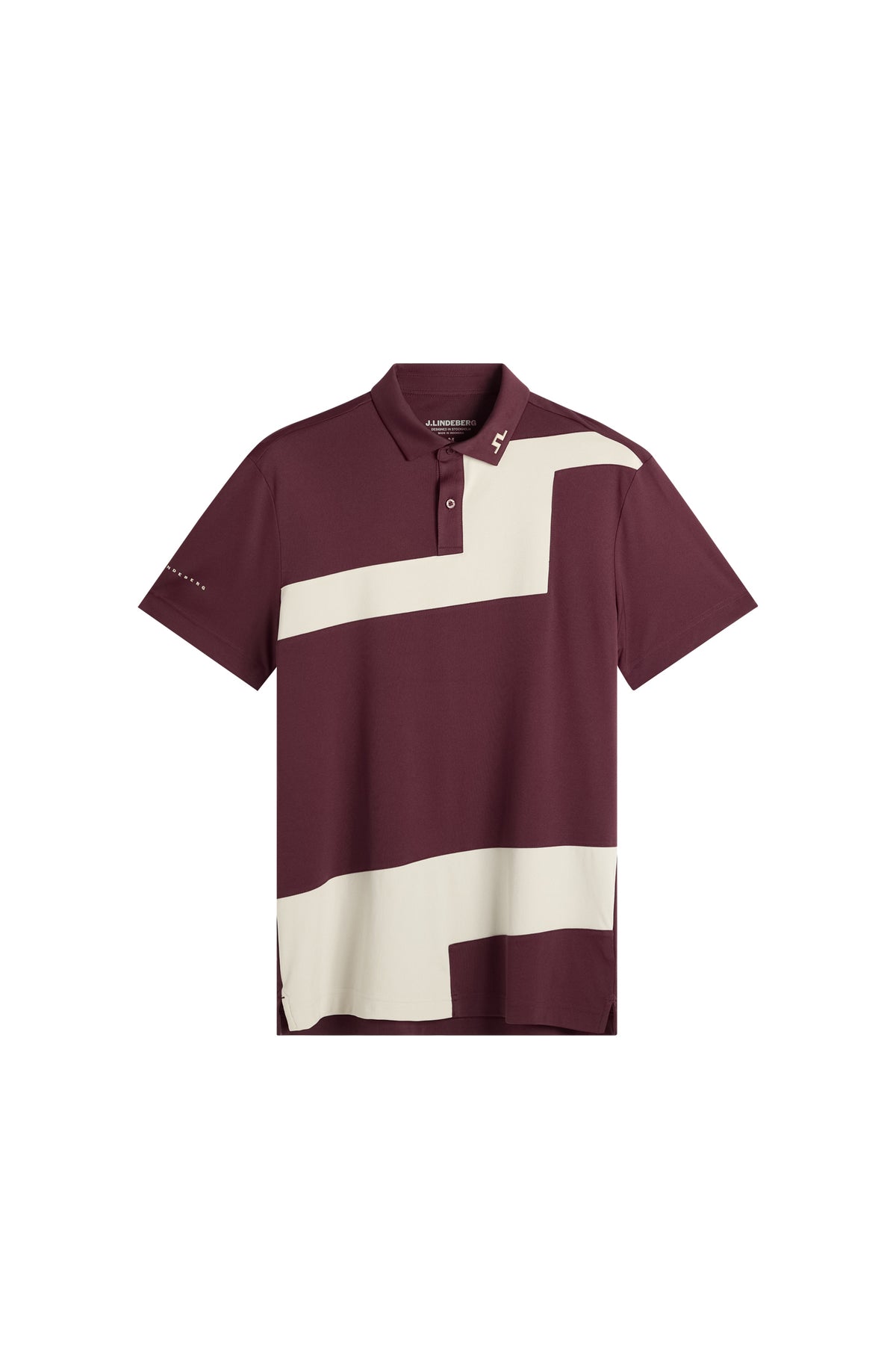 Front view: Sidd Polo in Moonbeam with short sleeves, polo collar, and contrast geometric front panels.