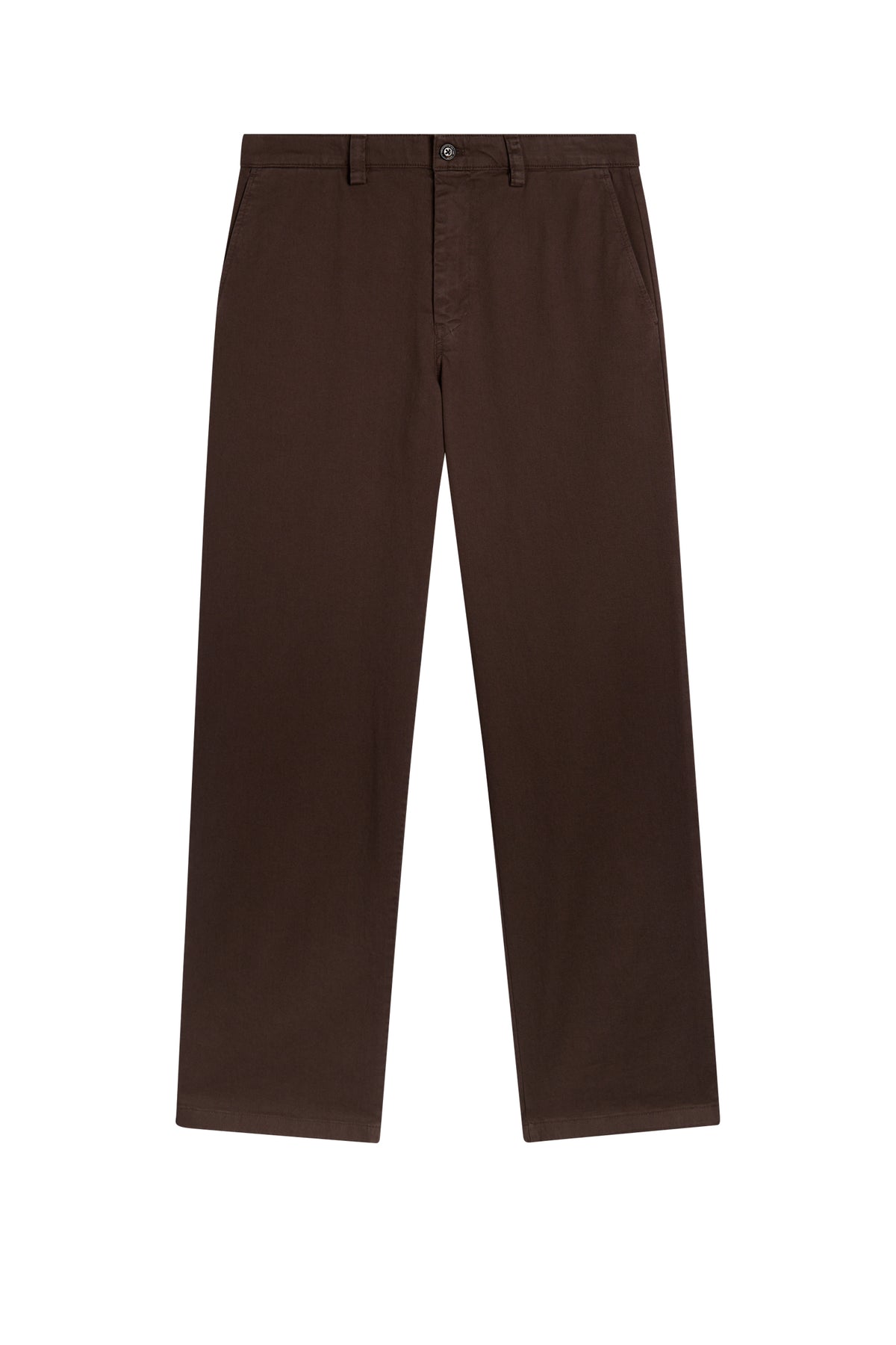 Devyn Straight Cotton Pants in Seal Brown, front view with belt loops and side pockets.