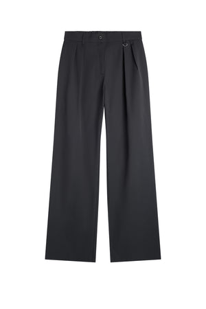 Set forfra: Sort Harmony Pant med høj talje, frontlæg, lige ben og knaplukning ved linningen.
