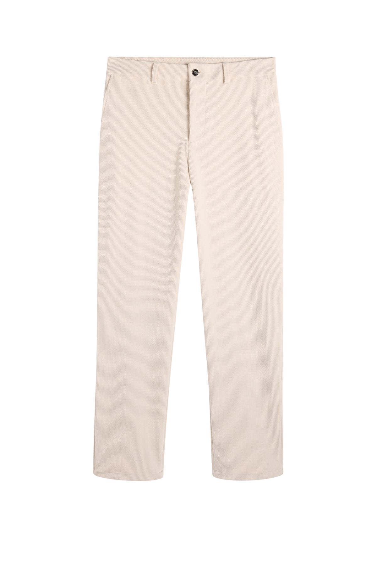 Framifrån: Logan Drape Cord Pants i Moonbeam med ribbad manchesterstruktur, sneda sidofickor och knappstängning.