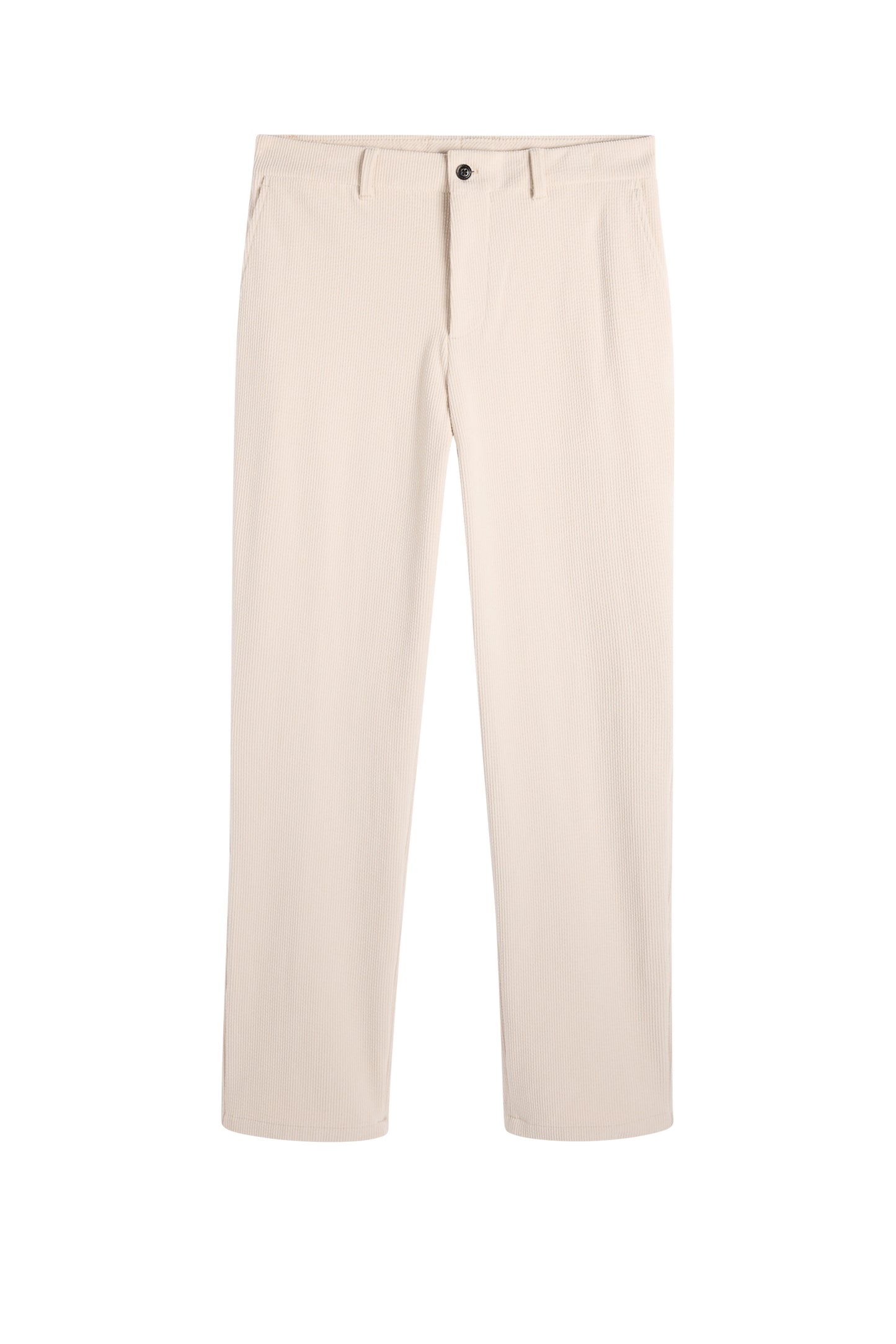 Framifrån: Logan Drape Cord Pants i Moonbeam med ribbad manchesterstruktur, sneda sidofickor och knappstängning.