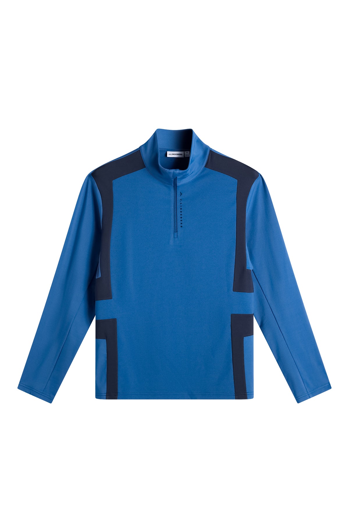Vooraanzicht: Finn Quarter Zip Mid Layer in Set Sail met color-block panelen en korte rits.