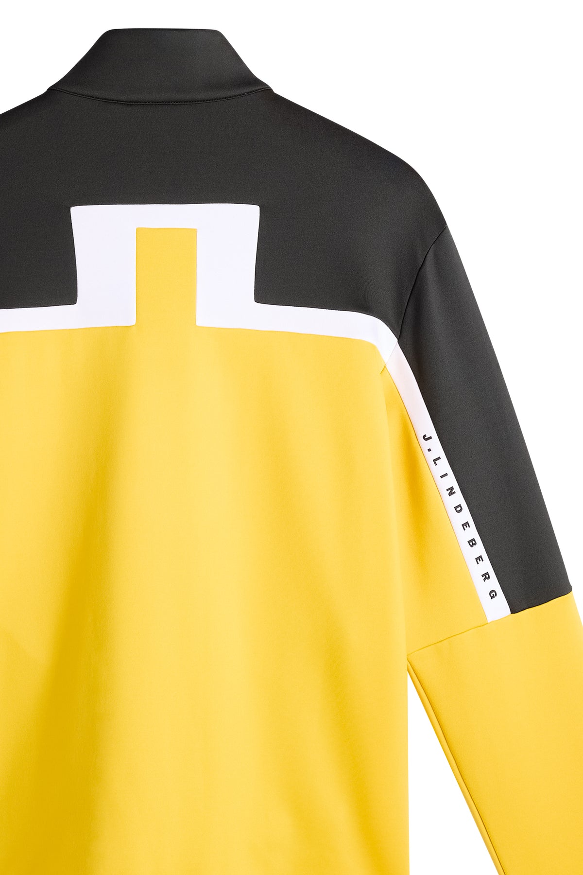Gros plan du dos : Sharpe Full Zip Mid Layer jaune et noir avec logo Bridge dans le dos et lettrage sur la manche.