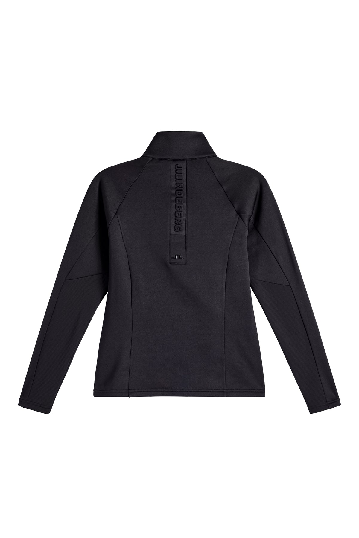 Rückansicht: Portia Polartec Mid Layer in Schwarz mit hohem Kragen und geprägtem J.LINDEBERG-Logo am Rücken.
