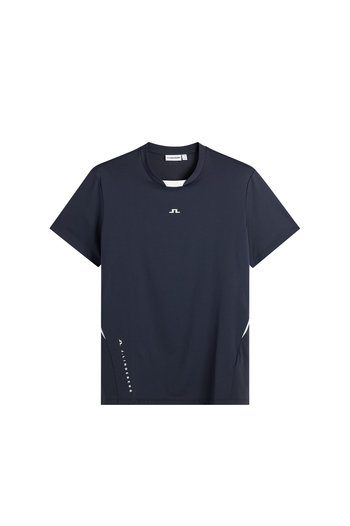 Set forfra: JL navy Dennis T-shirt med korte ærmer, rund hals, Bridge-logo i midten og tekstlogo i siden.