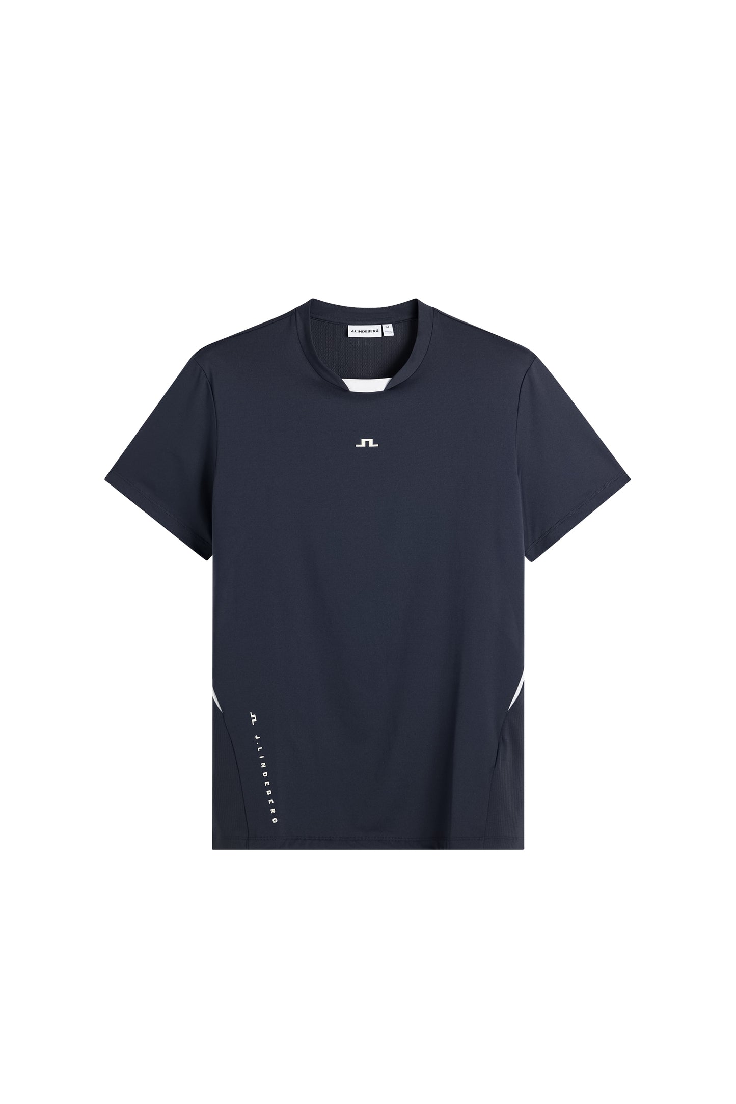 Set forfra: JL navy Dennis T-shirt med korte ærmer, rund hals, Bridge-logo i midten og tekstlogo i siden.