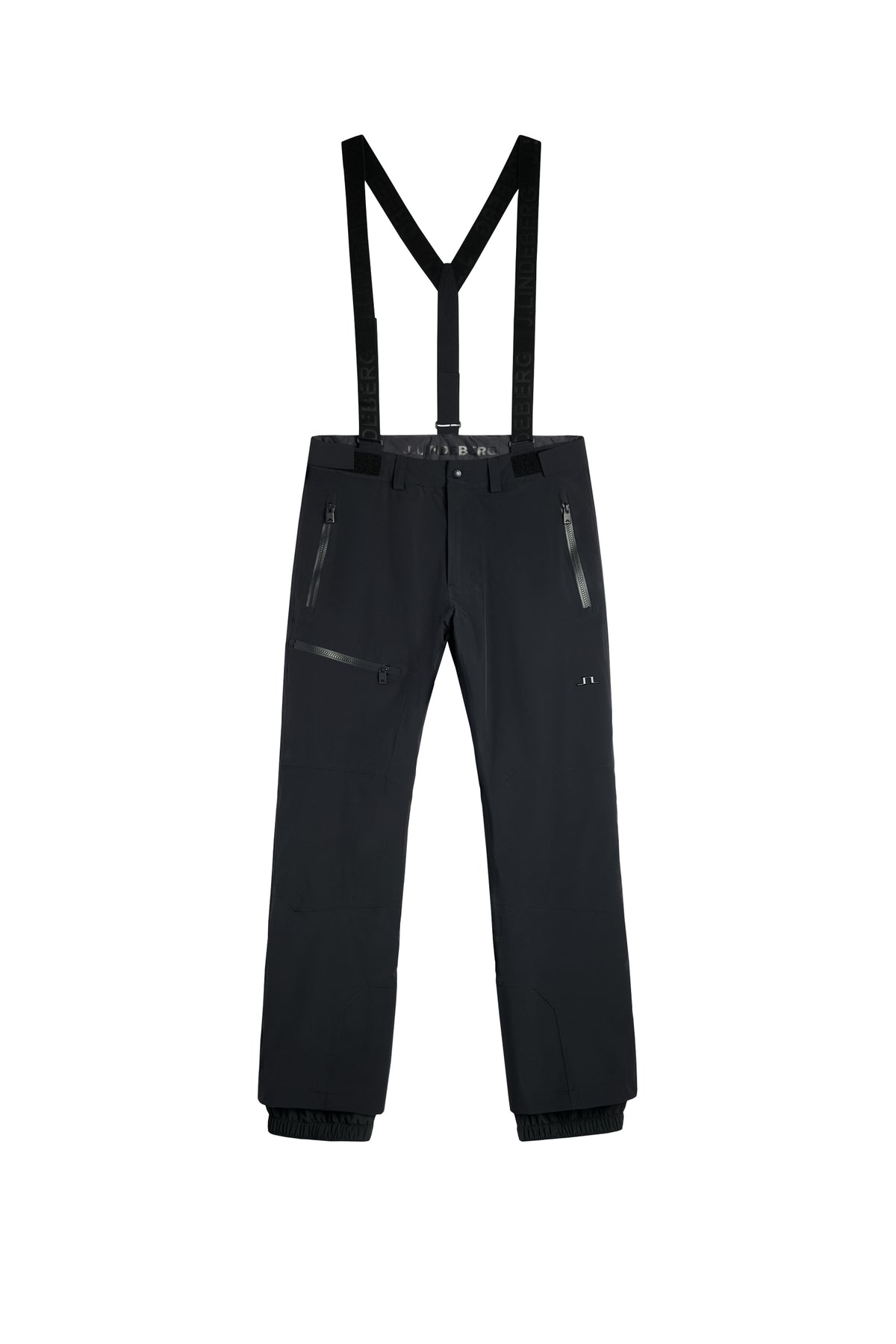Set forfra: Crue Suspender Pant i sort med justerbare seler, lynlåslommer og Bridge-logo på benet.