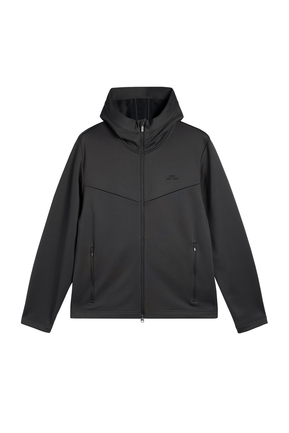 Maclean Zip Hood in black, front view with hood, two-way zipper, and tonal chest Bridge logo.
