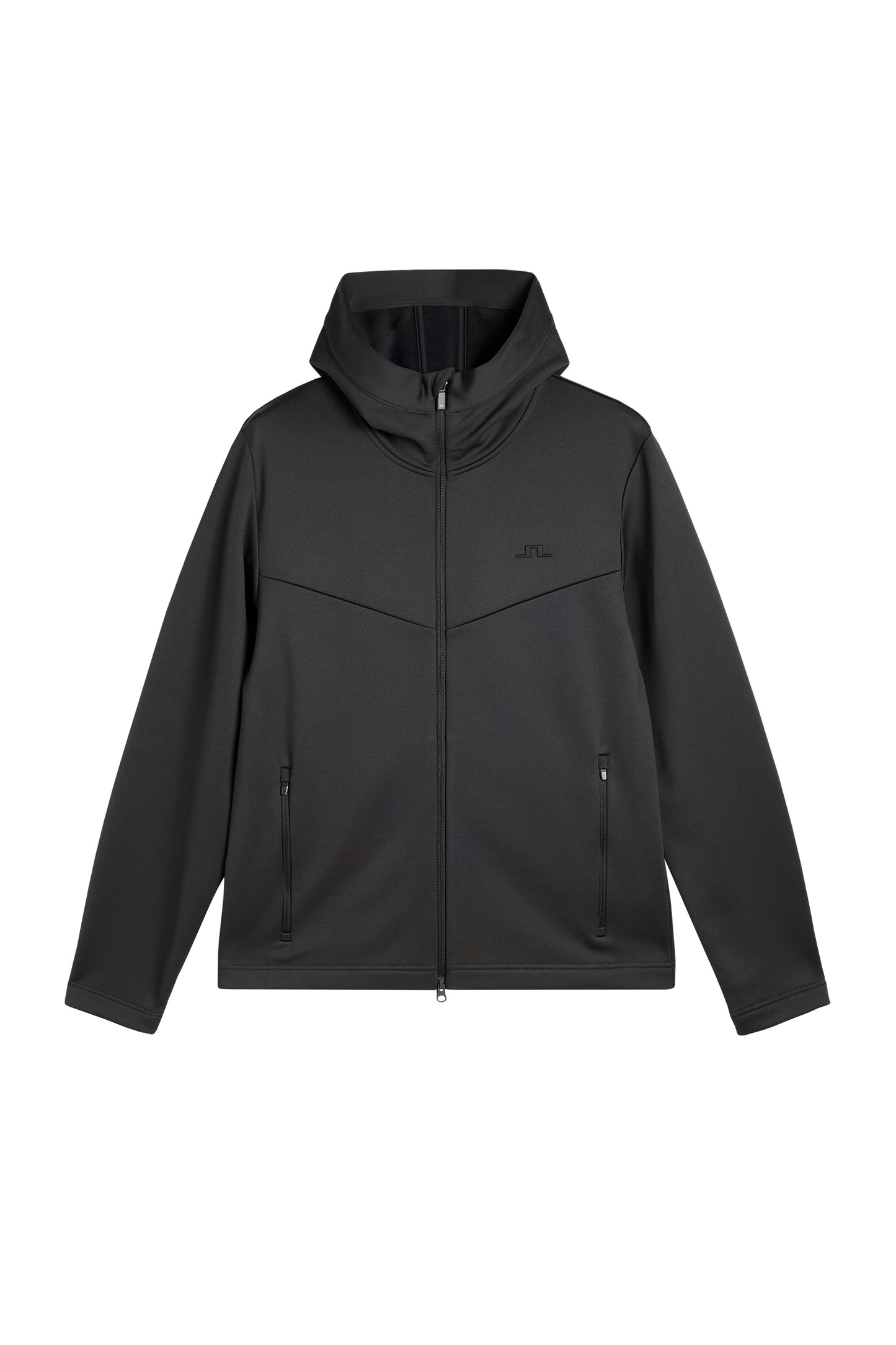 Maclean Zip Hood in black, front view with hood, two-way zipper, and tonal chest Bridge logo.