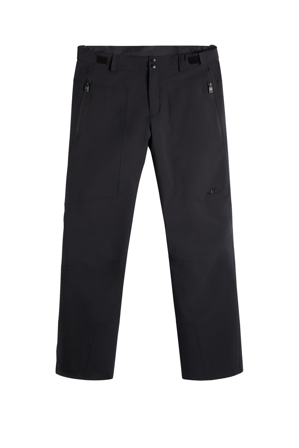Vorderansicht: Schwarze Clarke Pant mit Reißverschlusstaschen, verstellbarem Bund und Bridge-Logo am Bein.
