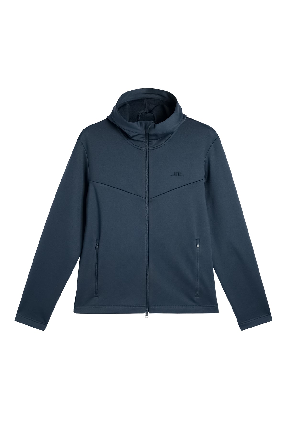 Front view: Maclean Zip Hood in JL Navy with full front zipper, hood, zippered side pockets, and Bridge logo.
