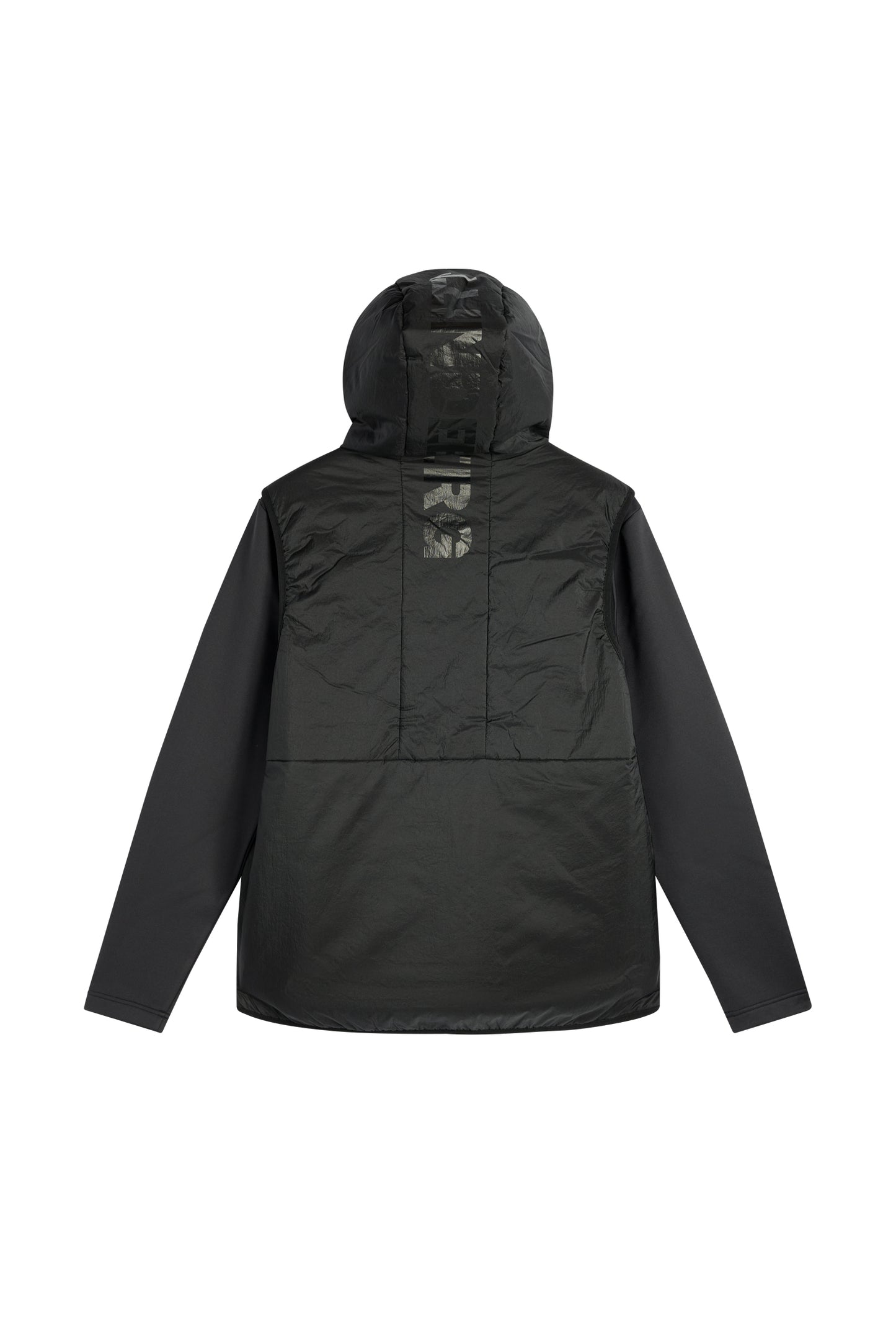Rückansicht: M Solarcore 3 in 1 Jacket in Schwarz mit Kapuze und vertikalem J.LINDEBERG-Schriftzug.