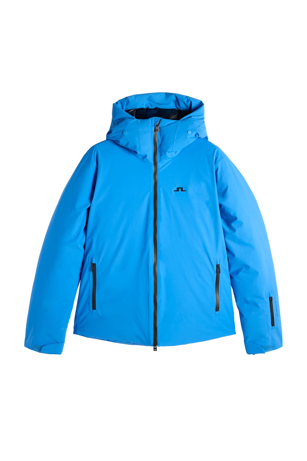 Set forfra: Blå Oak Down Jacket med hætte, tovejslynlås, lynlåslommer og sort Bridge-logo på brystet.
