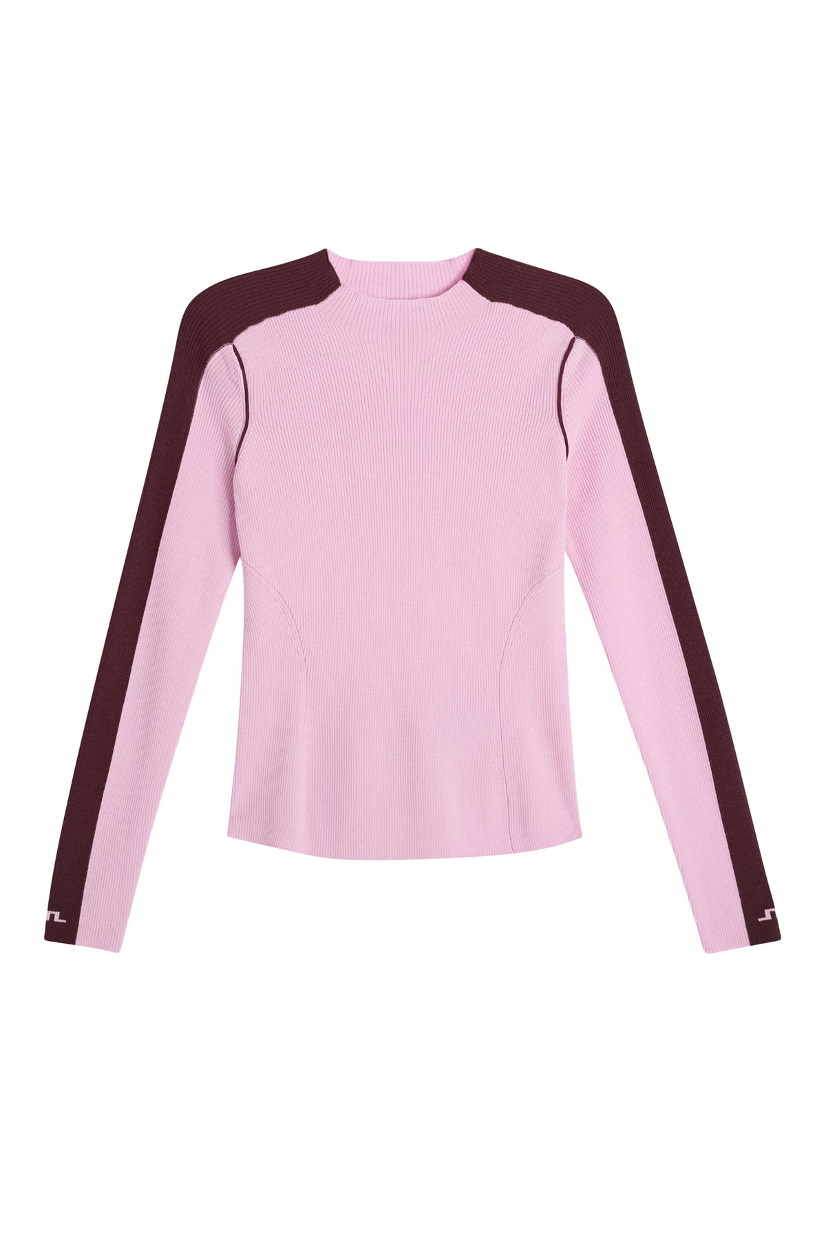 Vue de face : Vale Rib Knit Longsleeve rose en maille côtelée à manches longues et rayures contrastées.