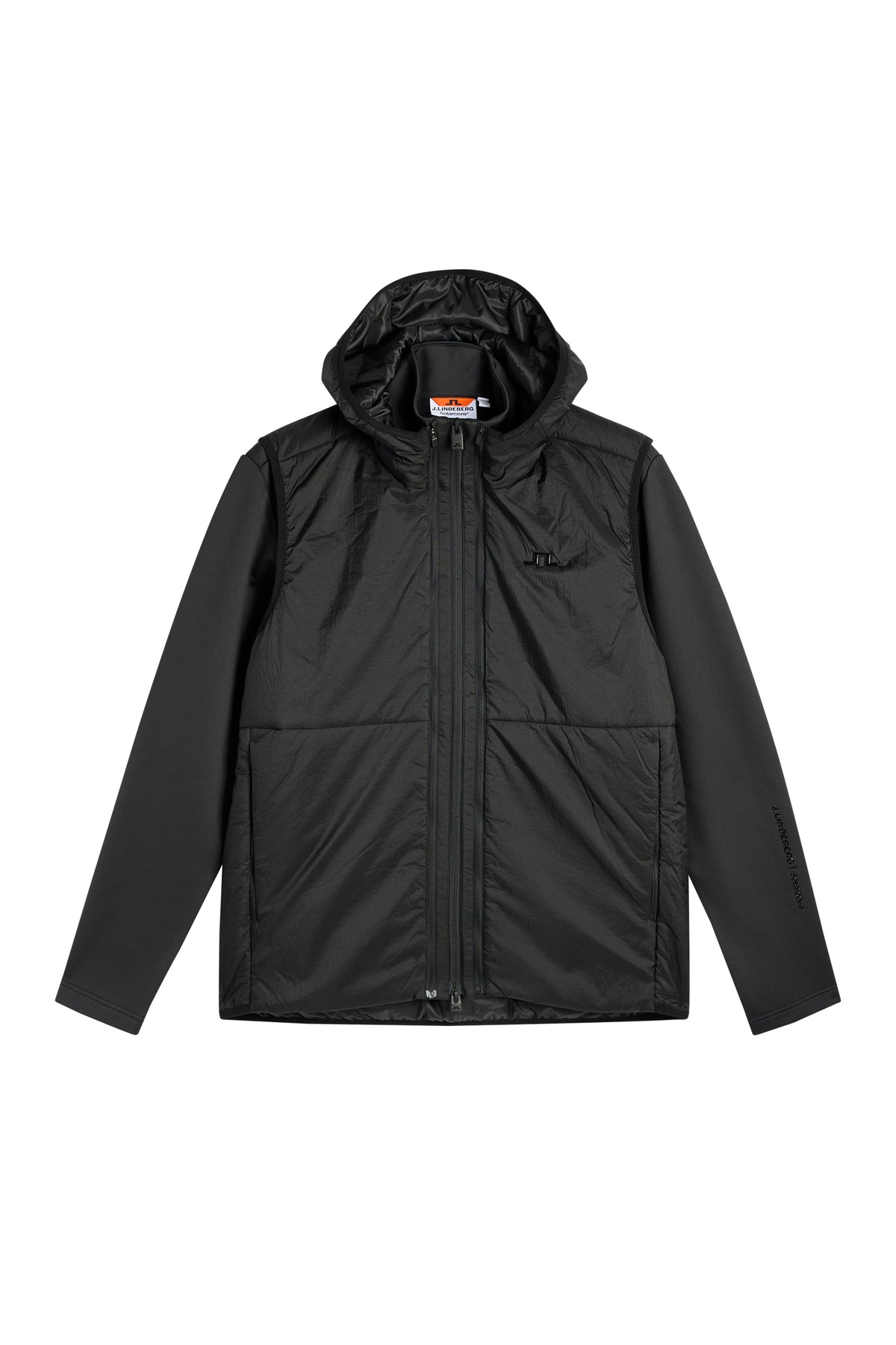 Vorderansicht: M Solarcore 3 in 1 Jacket in Schwarz mit Kapuze, Frontreißverschluss und Bridge-Logo auf der Brust.