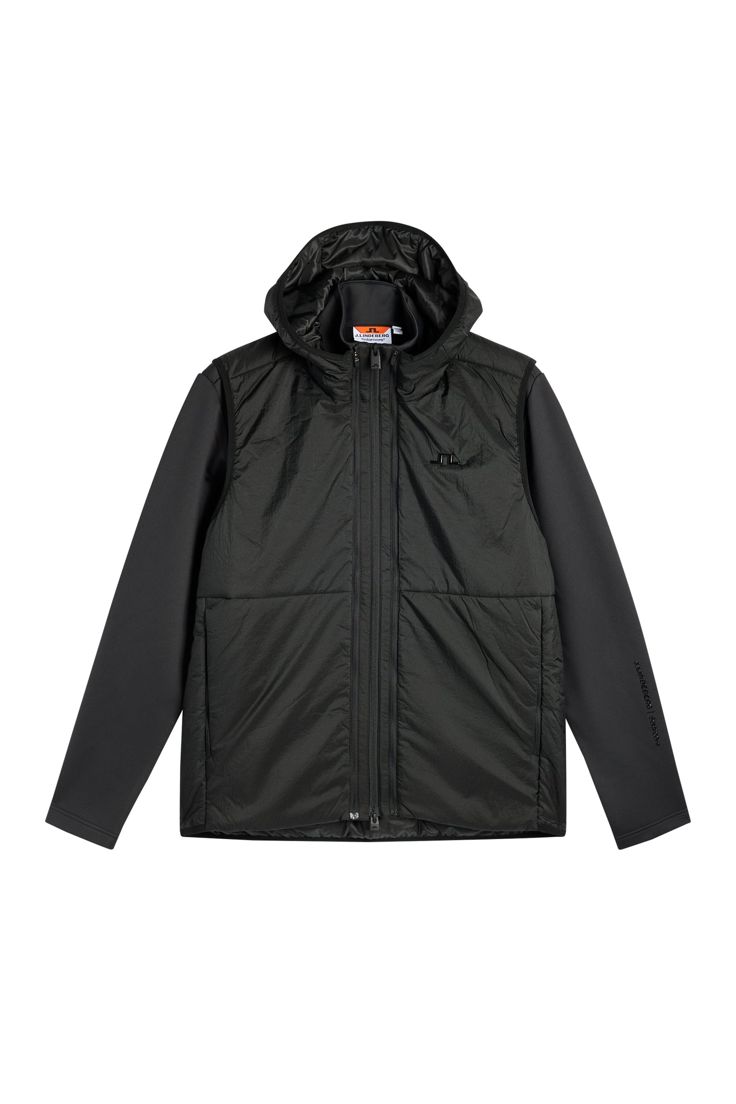 Vorderansicht: M Solarcore 3 in 1 Jacket in Schwarz mit Kapuze, Frontreißverschluss und Bridge-Logo auf der Brust.