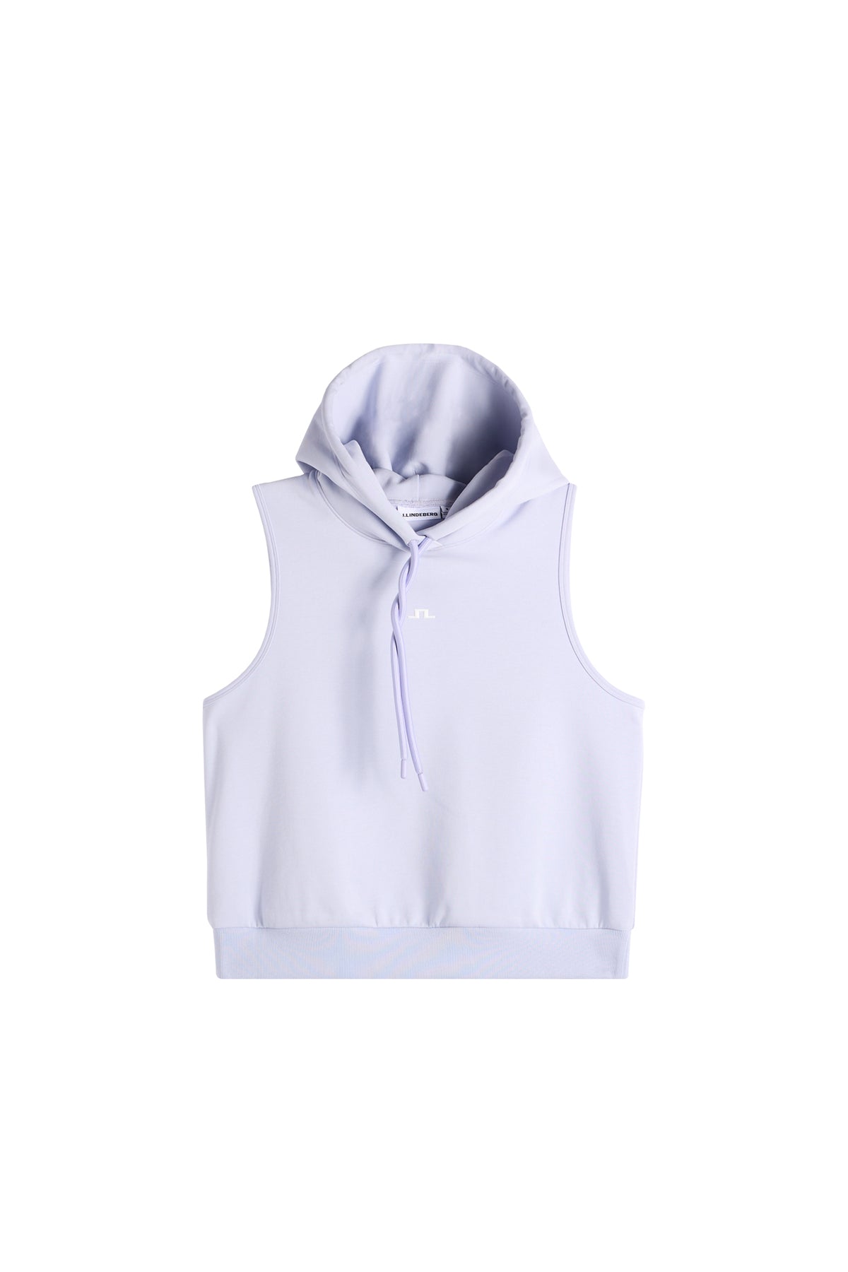Vorderansicht: Hellvioletter Sarah Sleeveless Hood mit Kapuze, Kordelzug und Bridge-Logo auf der Brust.