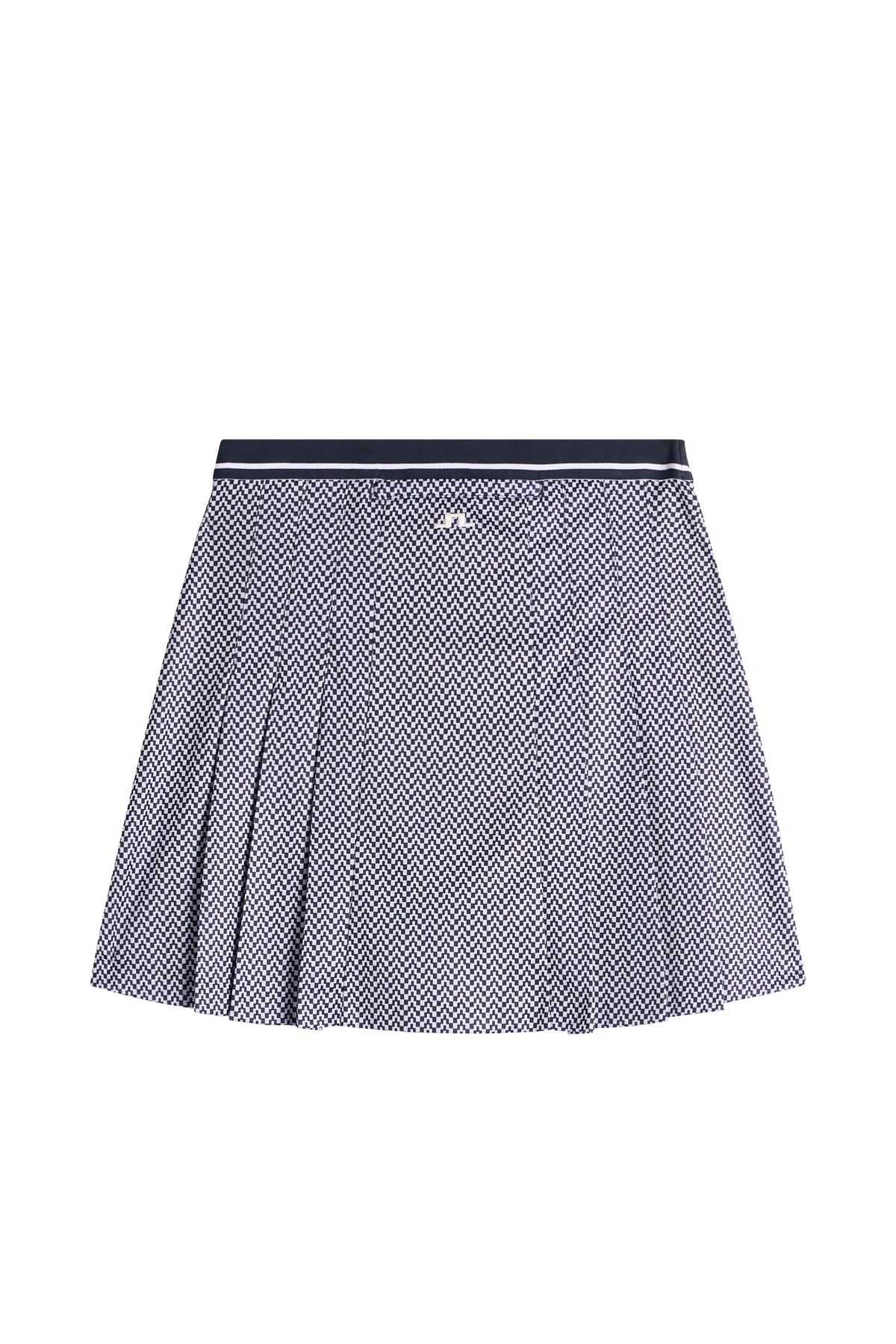 Vue de dos : Harlow Print Skirt imprimée bleu marine avec plis cousus et logo Bridge au dos.